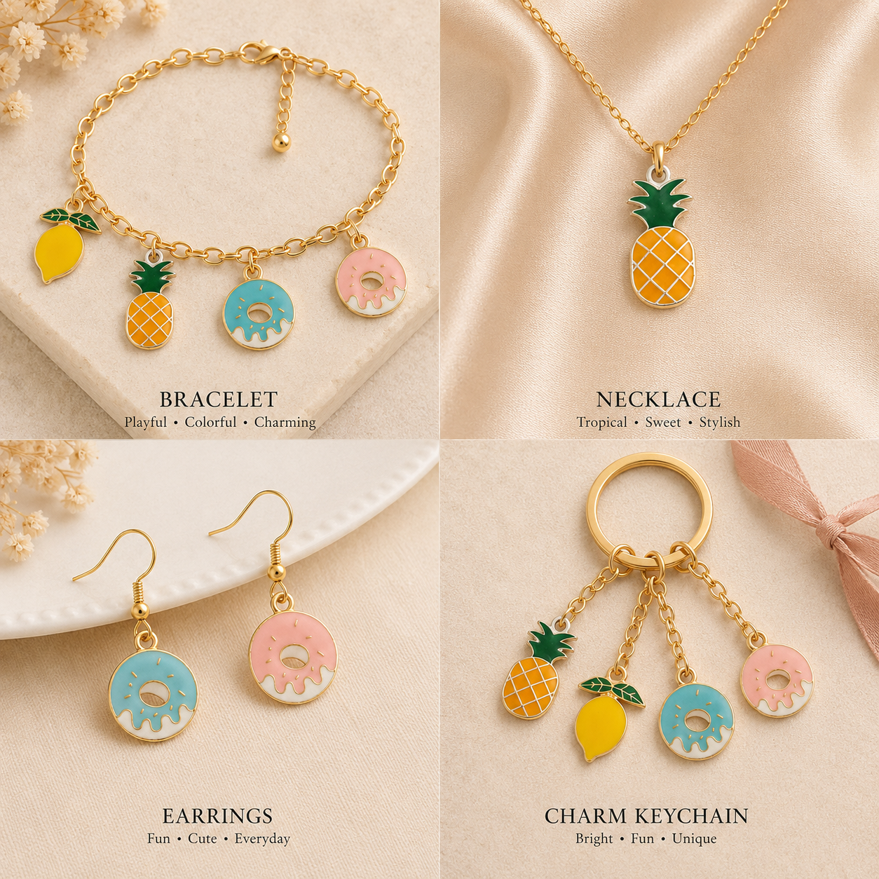 Metal Charms Fruity Donut 4pc