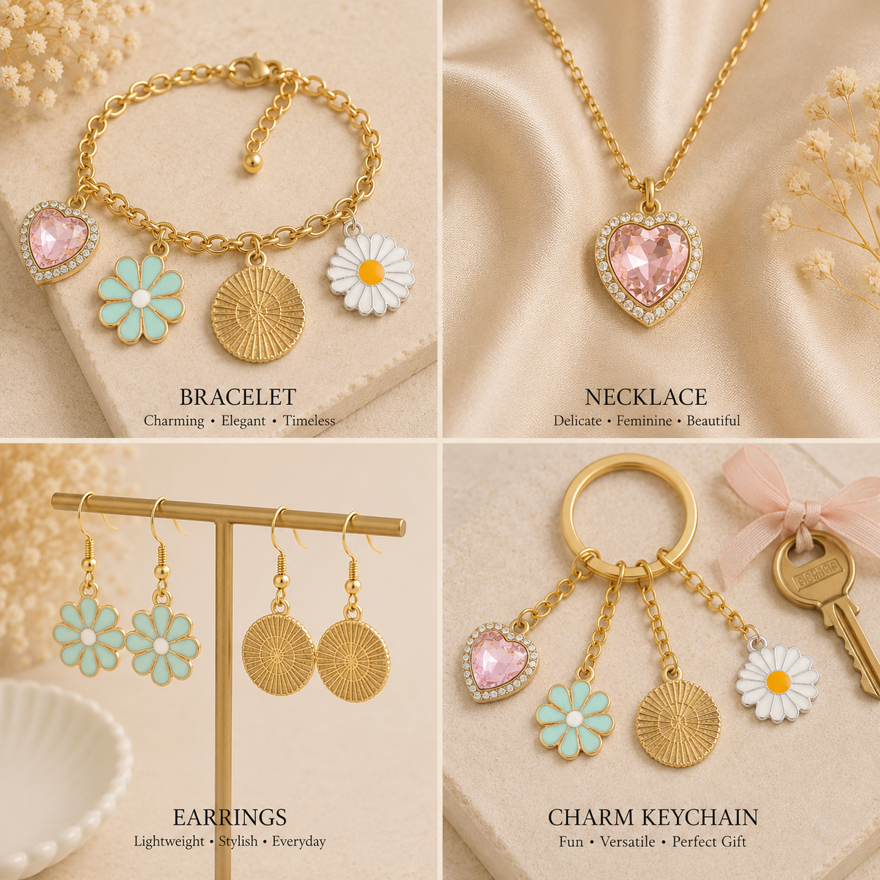 Metal Charms Clover Hearts 4pc