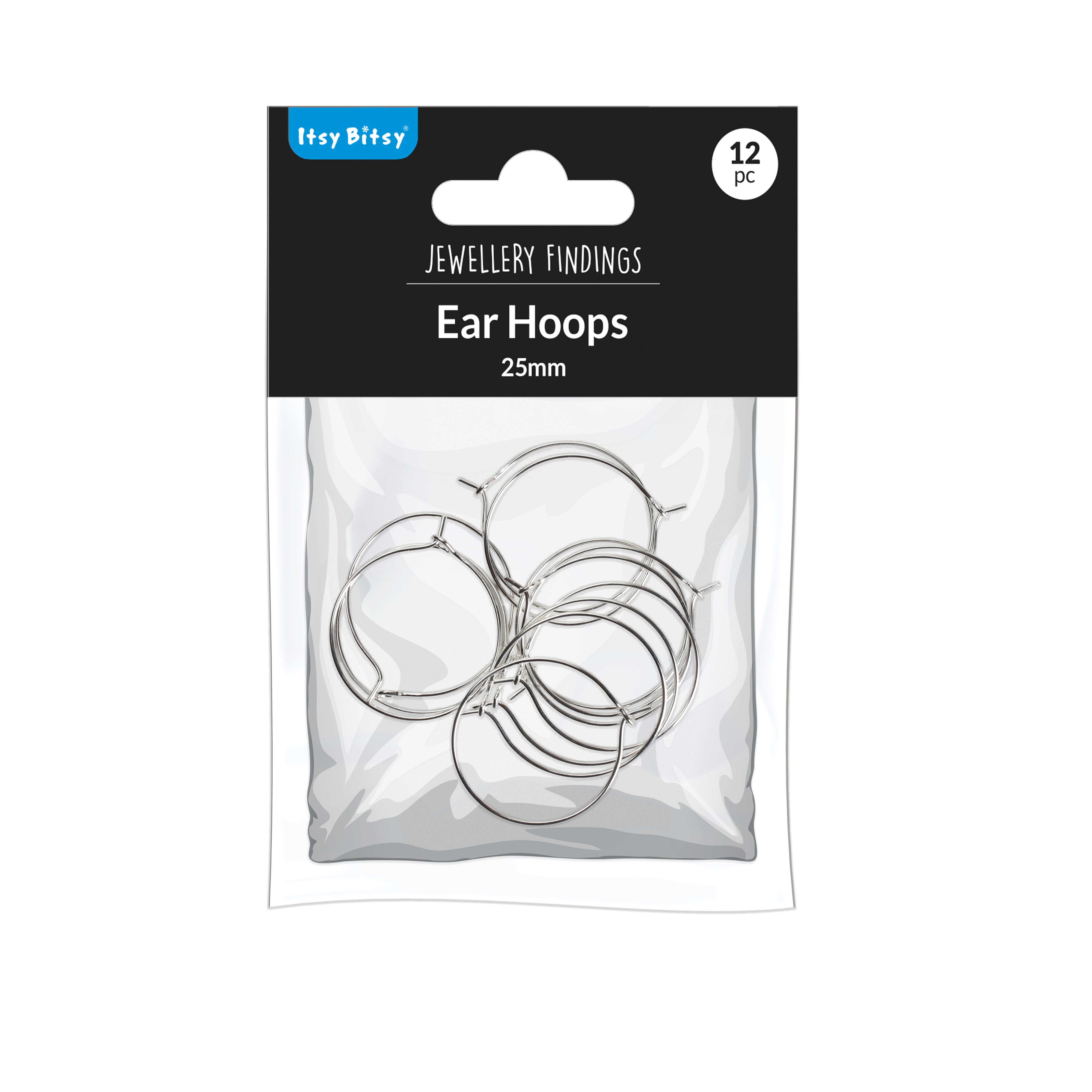 Jewellery Findings Ear Hoop Round Silver 25mm 12pc