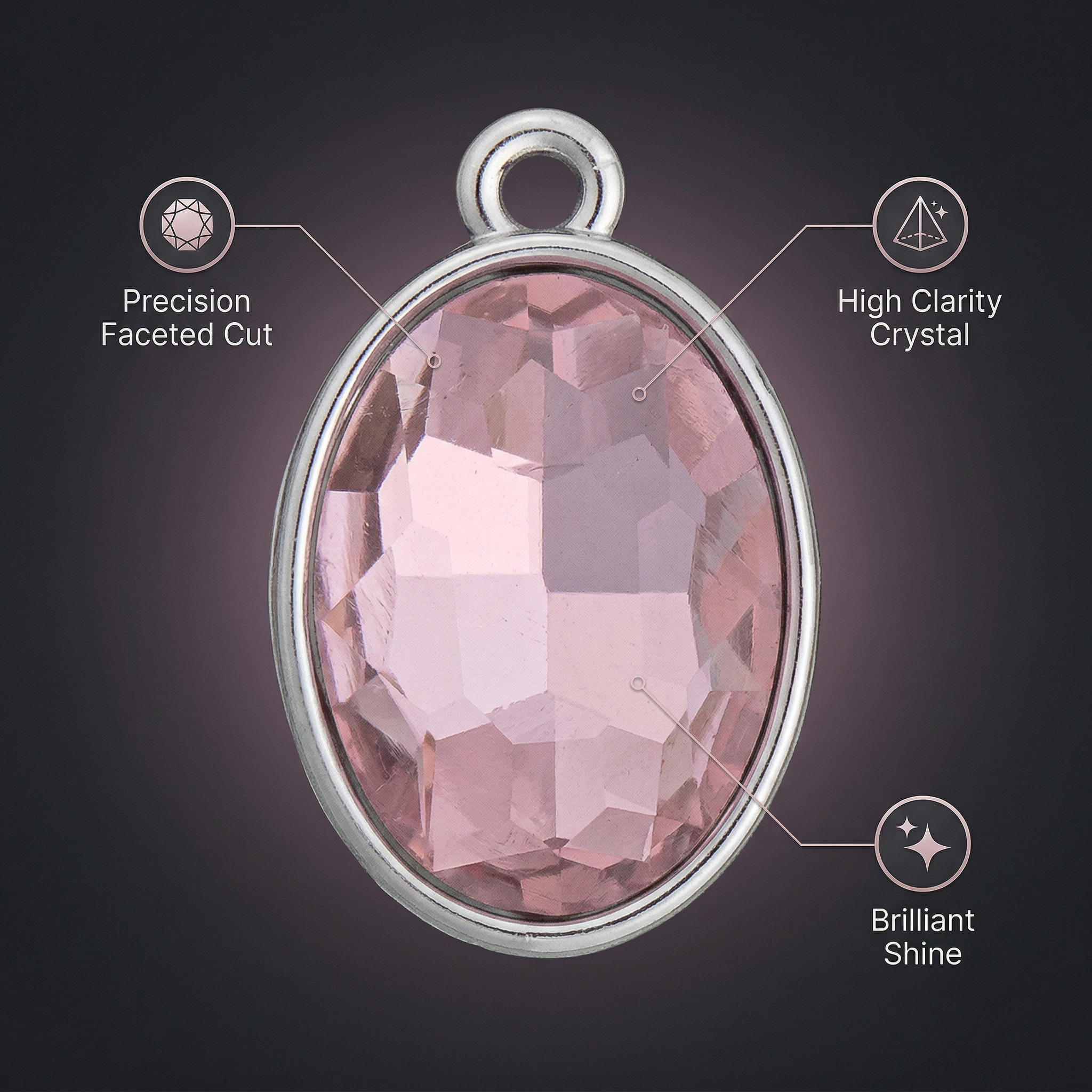 Crystal Pendant - Oval, Pink, Pack of 2