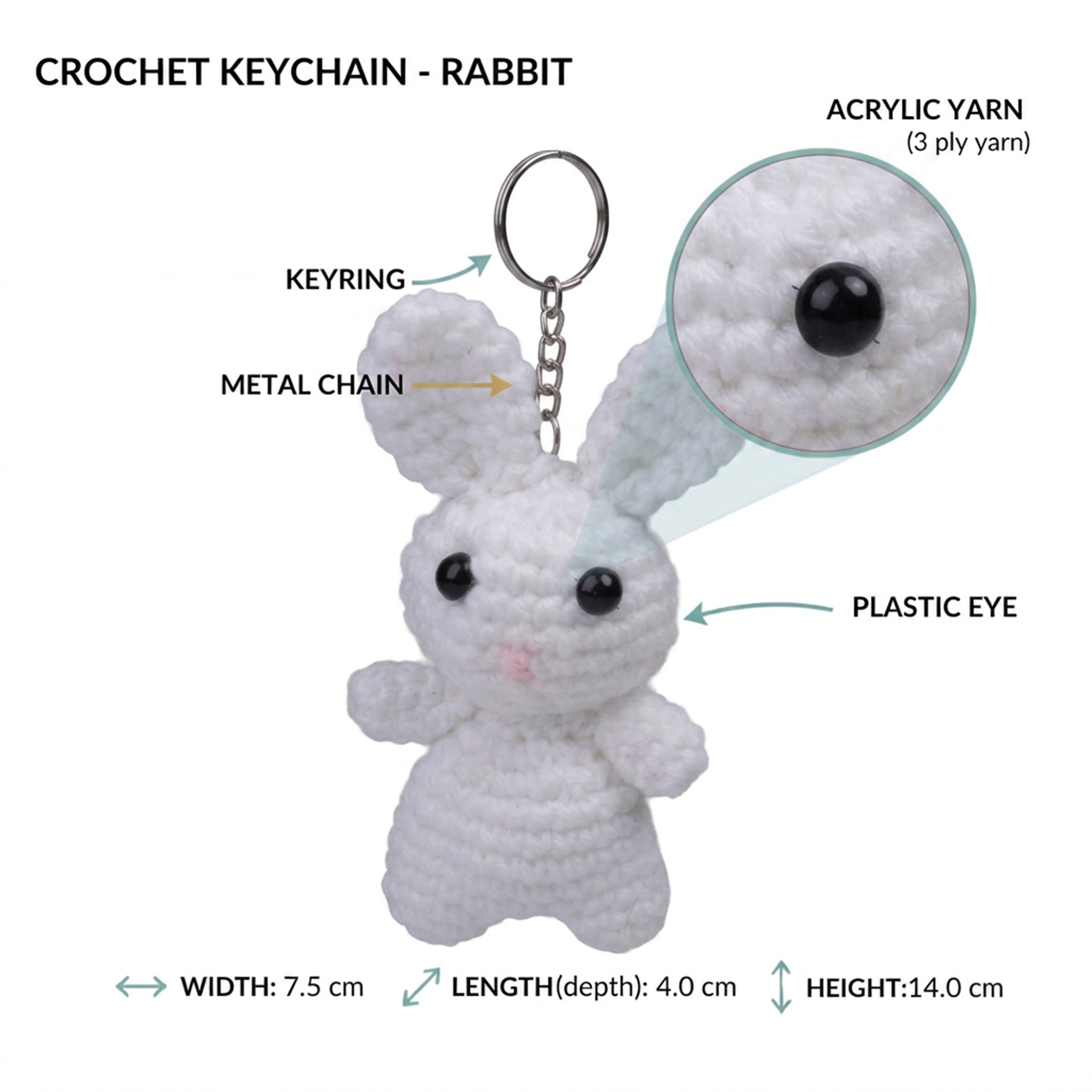 Crochet Keychain Rabbit Approx 2.75 X 1.5 X 5.25 inch 1pc