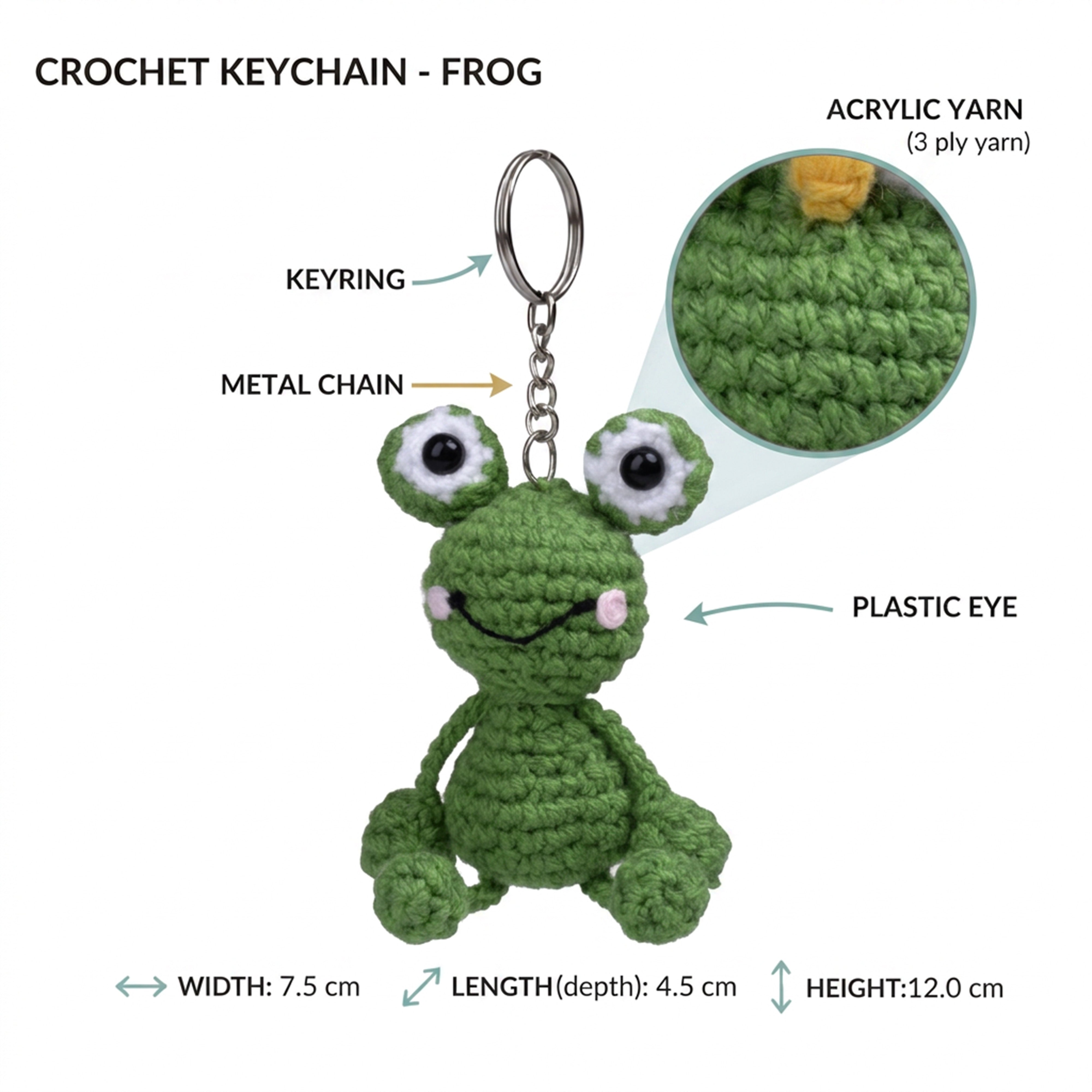 Crochet Keychain Frog Approx 3.25 X 1.5 X 6 inch 1pc