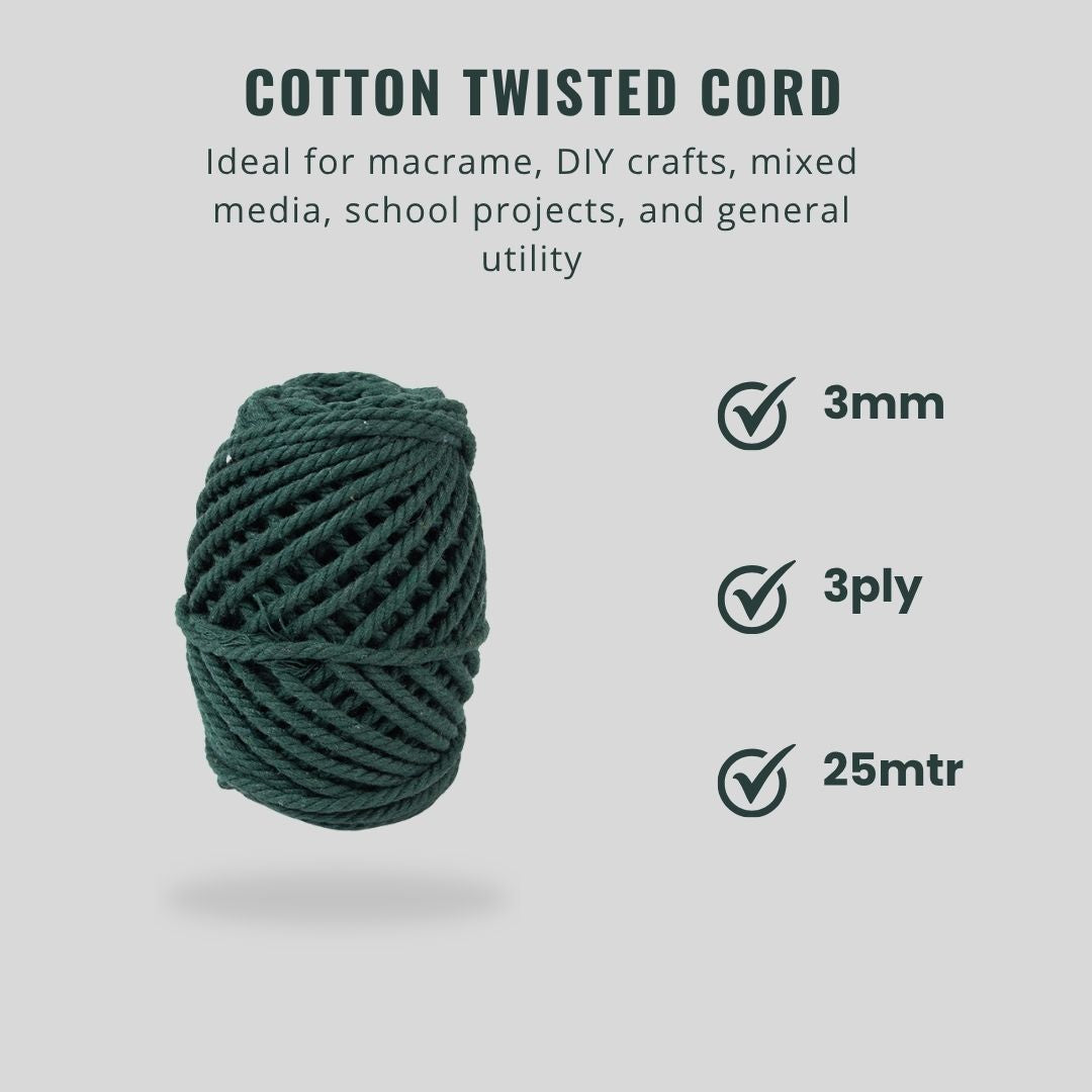 Cotton Twisted Cord Forest Green 3mm 3Ply 25Mtr Roll