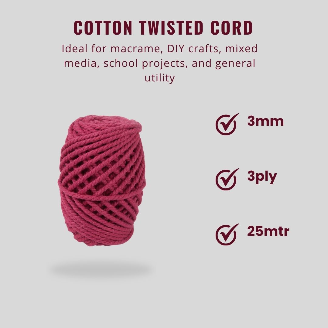 Cotton Twisted Cord Hot Pink 3mm 3Ply 25Mtr Roll
