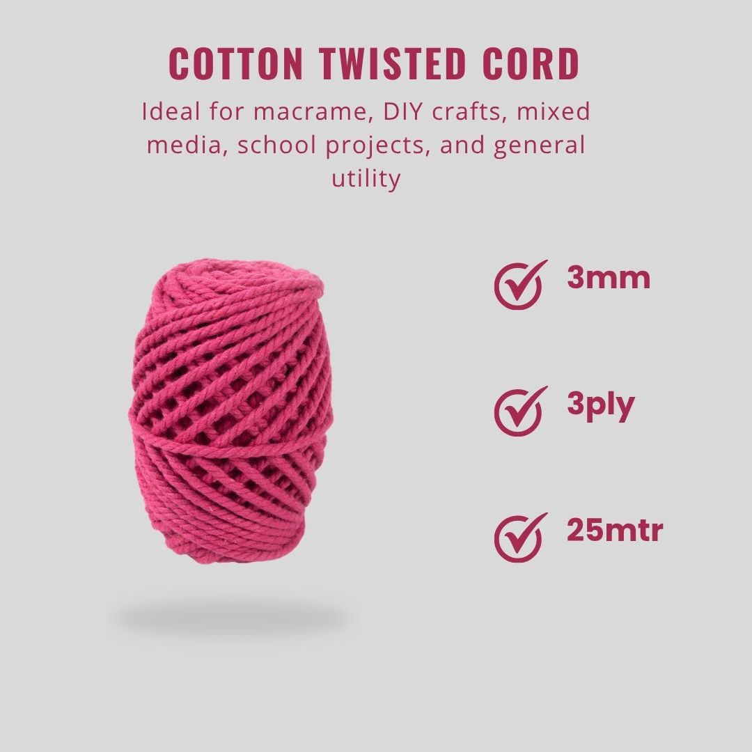 Cotton Twisted Cord Barbie Pink 3mm 3Ply 25Mtr Roll