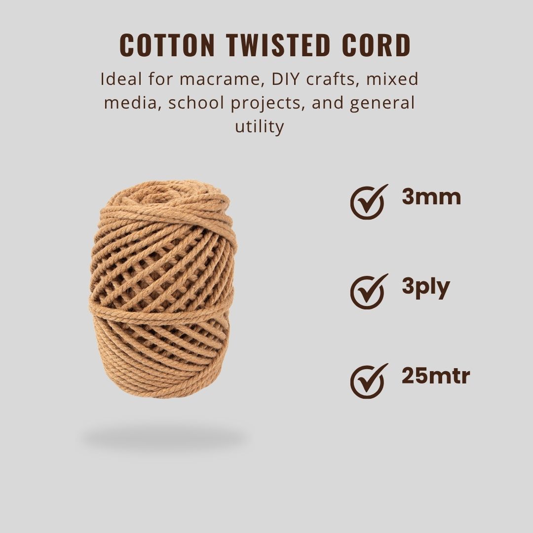 Cotton Twisted Cord Camel 3mm 3Ply 25Mtr Roll