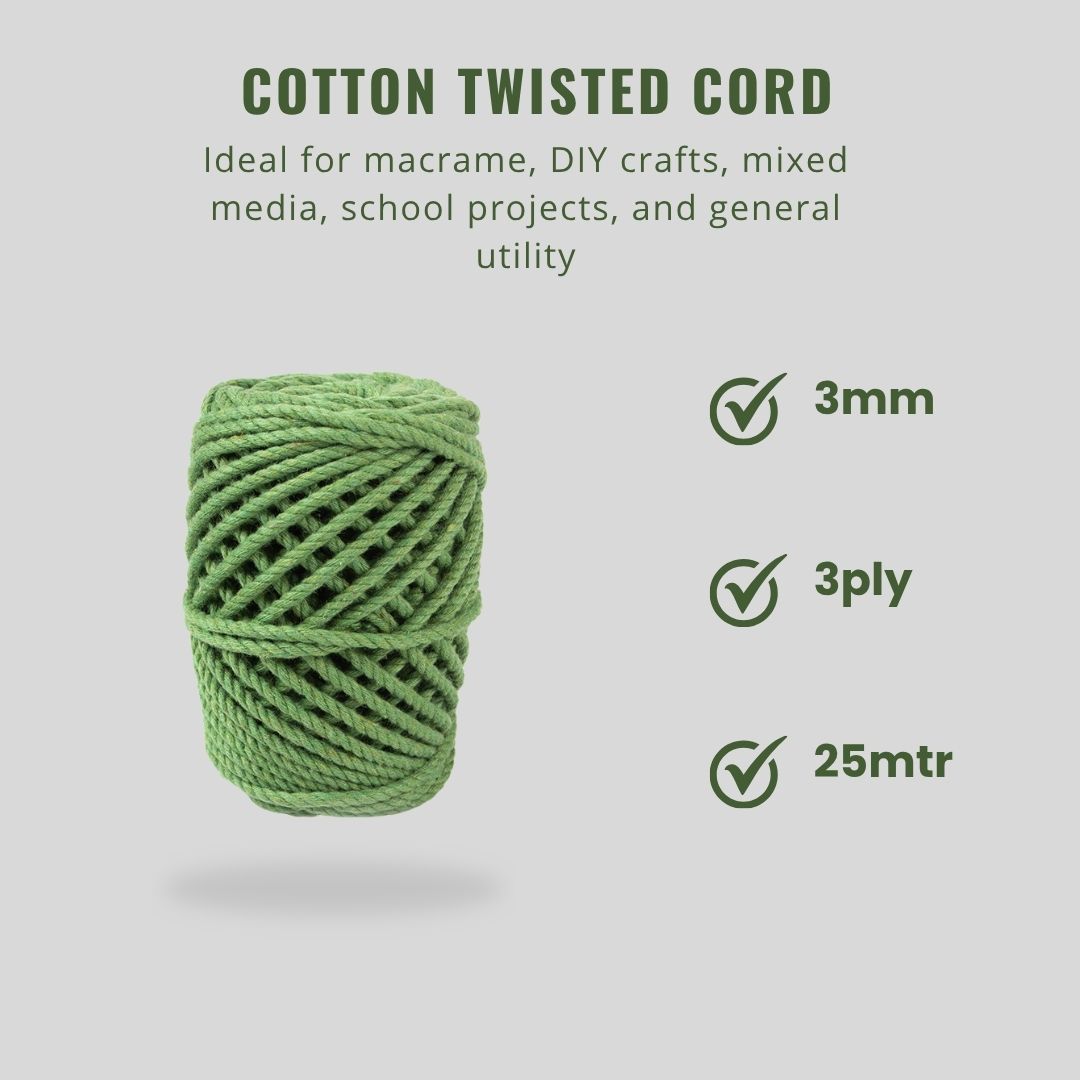 Cotton Twisted Cord Leaf Green 3mm 3Ply 25Mtr Roll