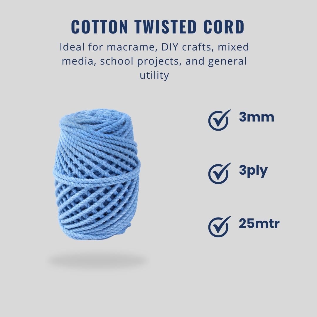 Cotton Twisted Cord Sky Blue 3mm 3Ply 25Mtr Roll