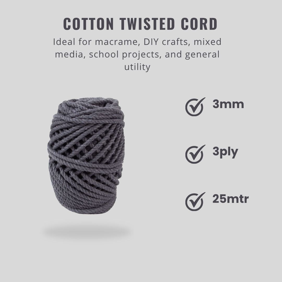 Cotton Twisted Cord Grey 3mm 3Ply 25Mtr Roll