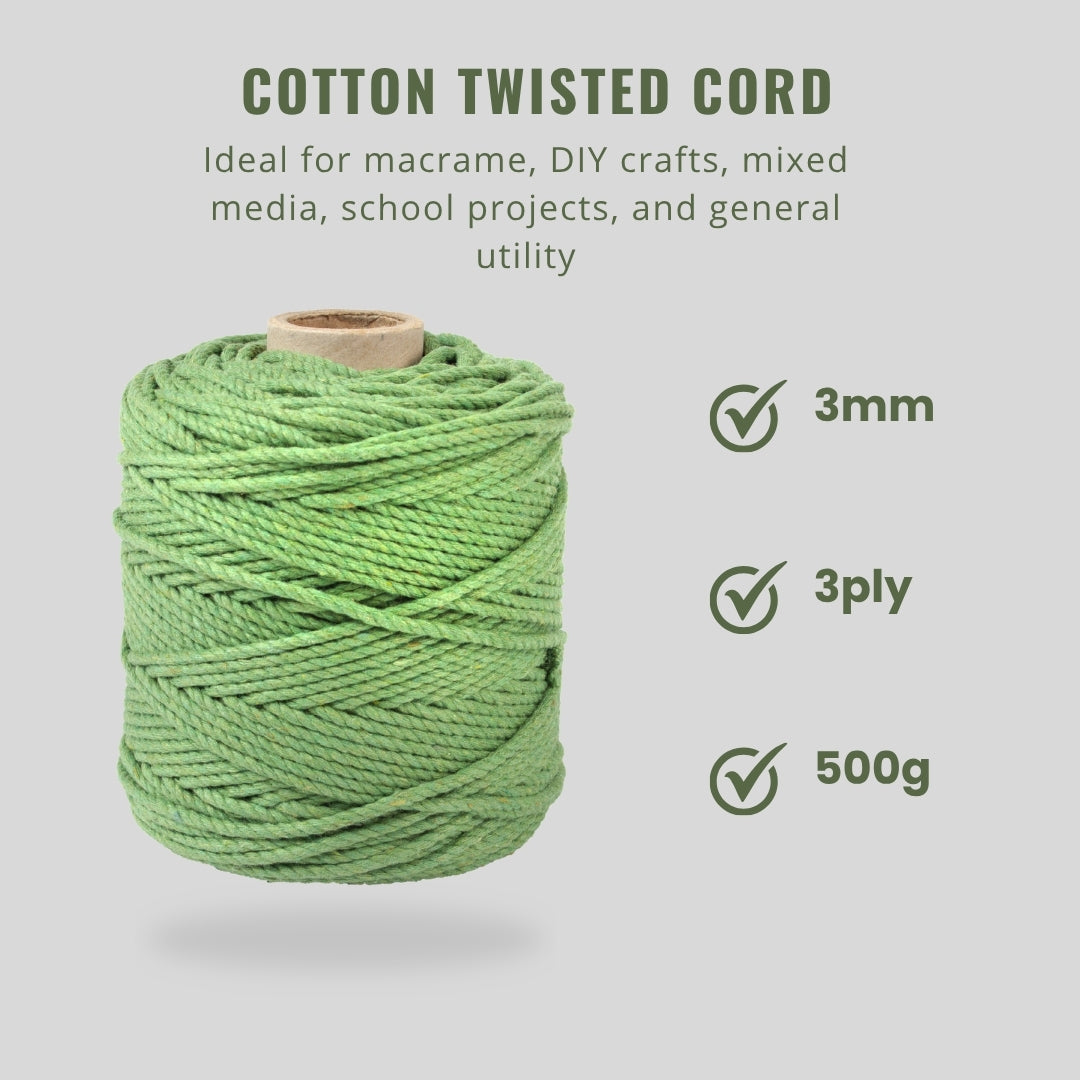 Cotton Twisted Cord Leaf Green 3mm 3 Ply 500gm Roll