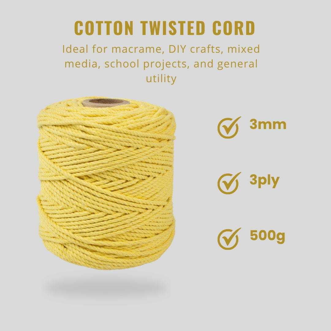 Cotton Twisted Cord Lemon Yellow 3mm 3 Ply 500gm Roll