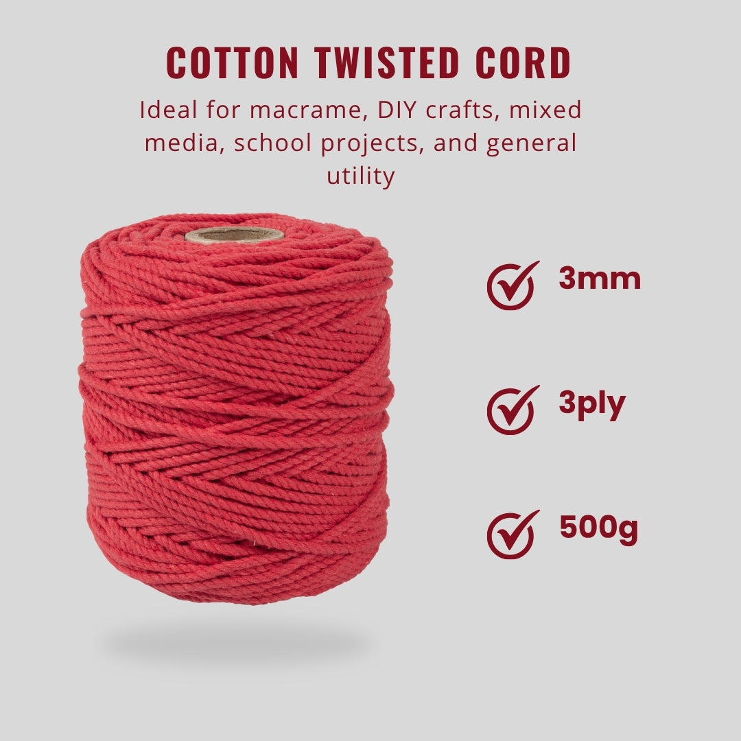 Cotton Twisted Cord Red 3mm 3 Ply 500gm Roll
