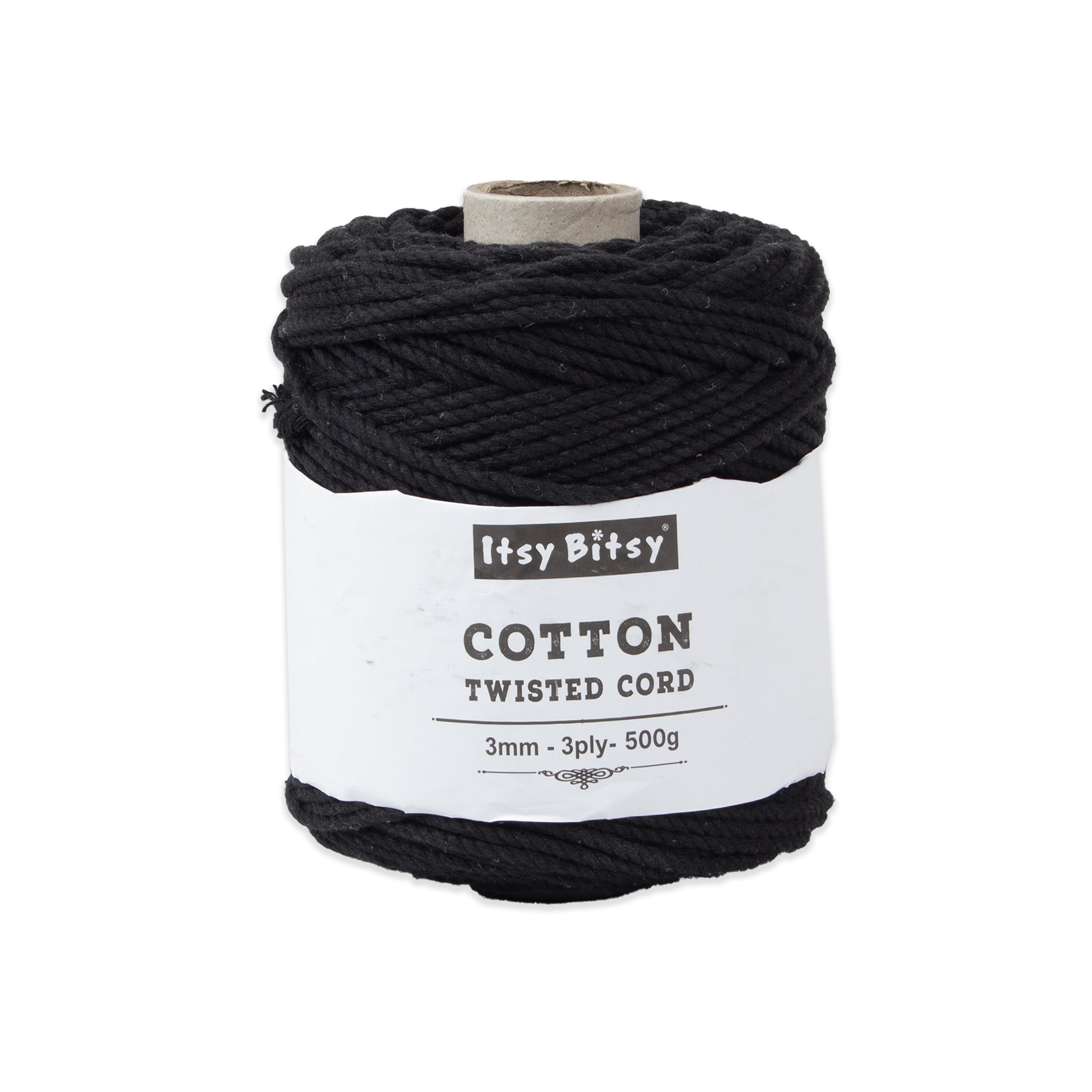 Cotton Twisted Cord Black 3mm 3 Ply 500gm Roll