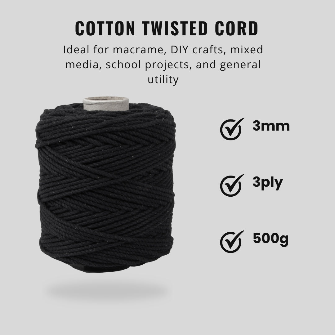 Cotton Twisted Cord Black 3mm 3 Ply 500gm Roll