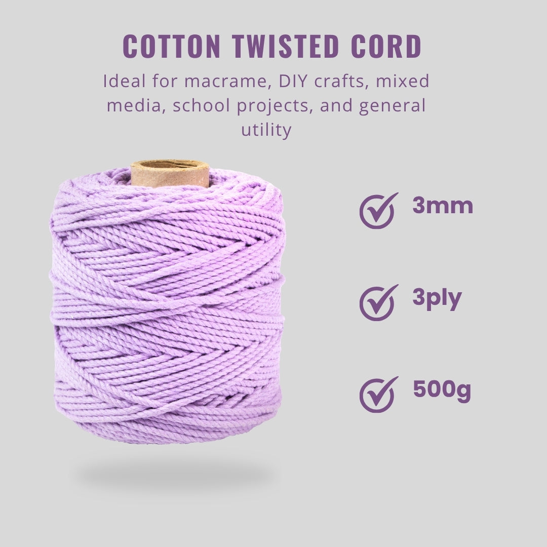 Cotton Twisted Cord Lavender 3mm 3 Ply 500gm Roll