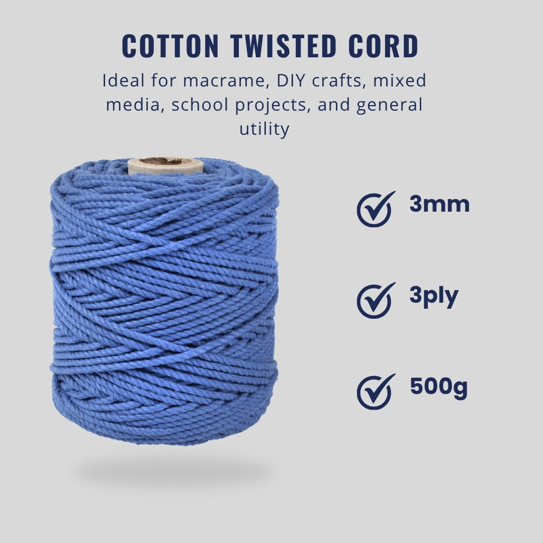 Cotton Twisted Cord Royal Blue 3mm 3 Ply 500gm Roll