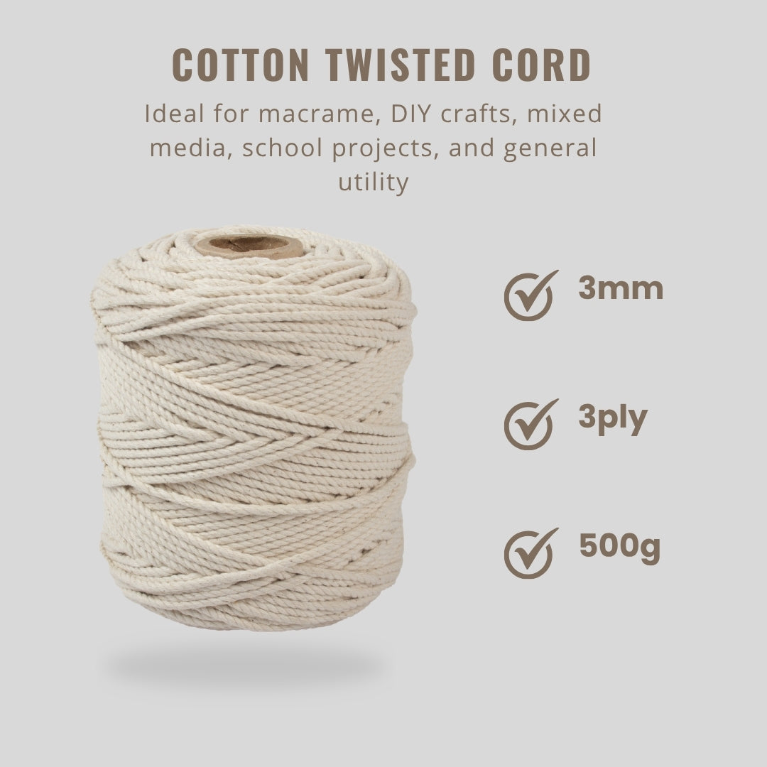 Cotton Twisted Cord Off White 3mm 3 Ply 500gm Roll