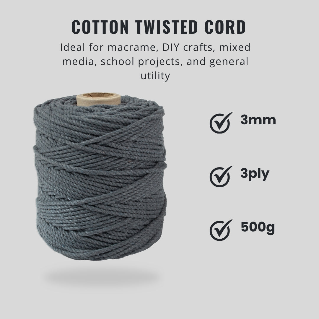 Cotton Twisted Cord Grey 3mm 3 Ply 500gm Roll