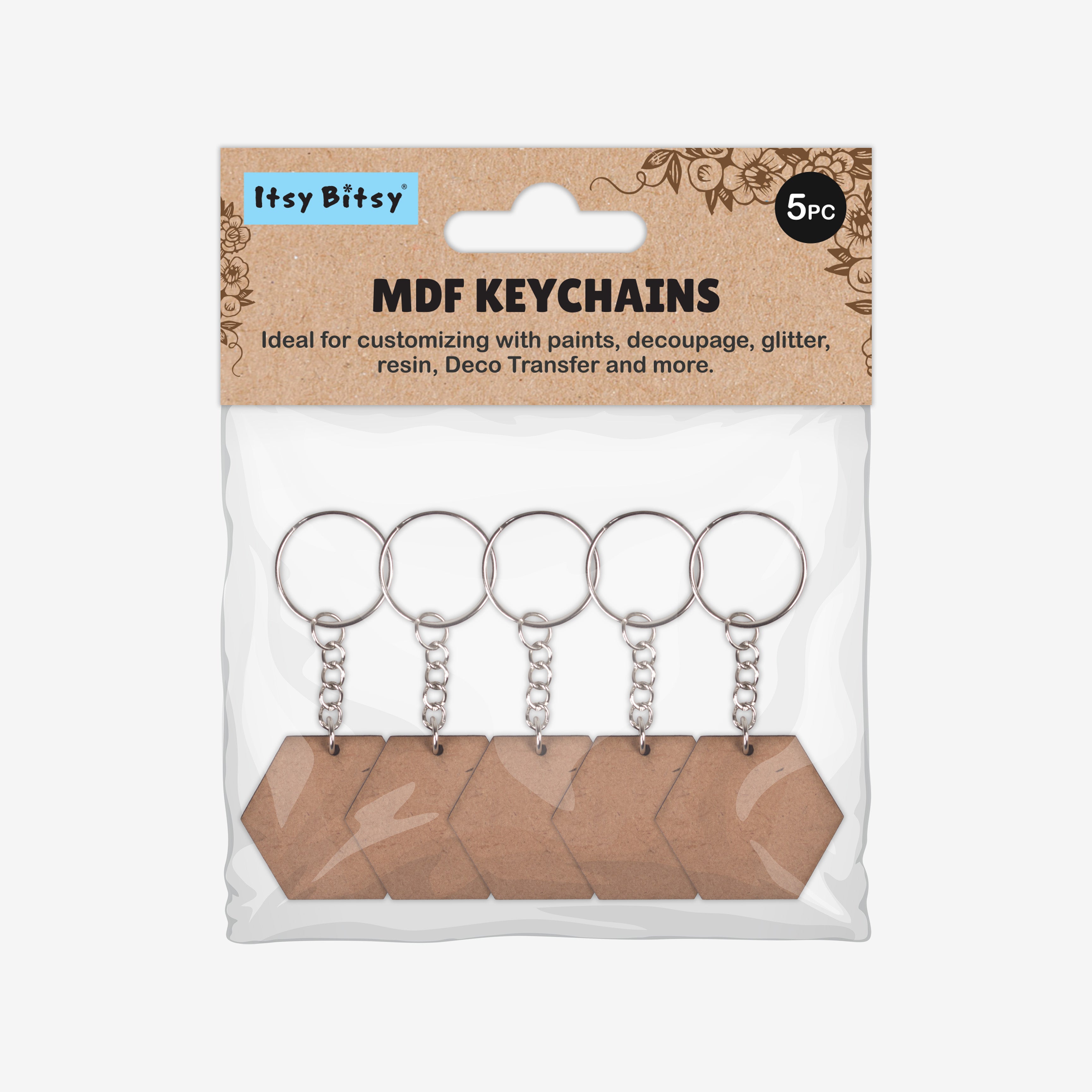 MDF Keychain Hexagon 5 X4.33cm 2mm Thick 5pc