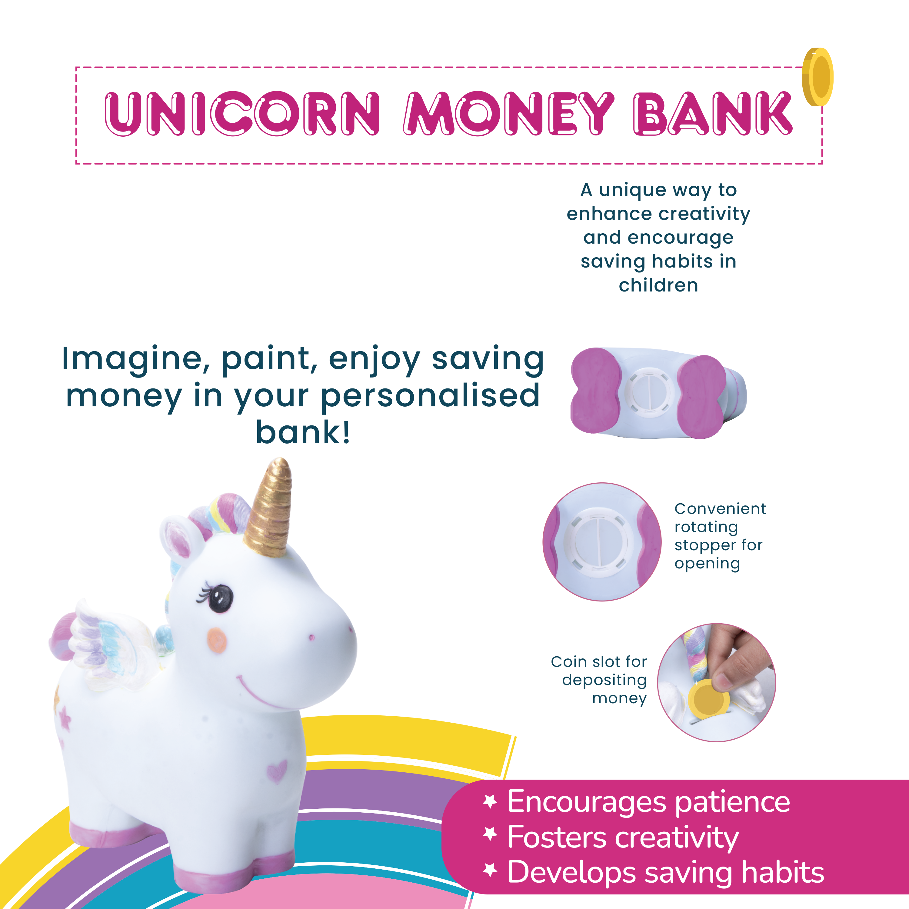 Paint And Play Create Your Own 3D Table Decor Piggy Bank with Acrylic Paint and Brush Unicorn 7.5x7.5inch