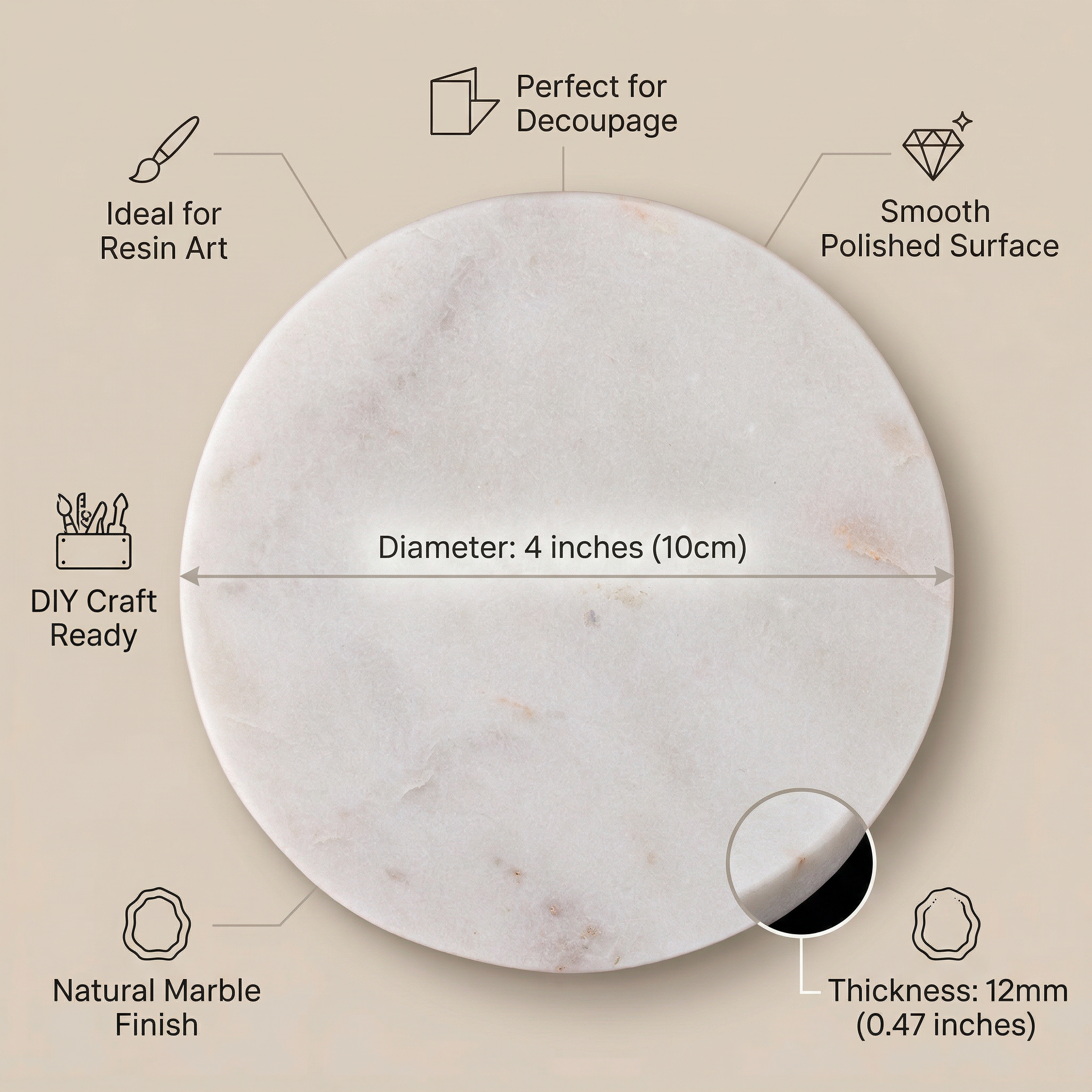 Marble Coaster Round 4Inch X 12mm 1pc