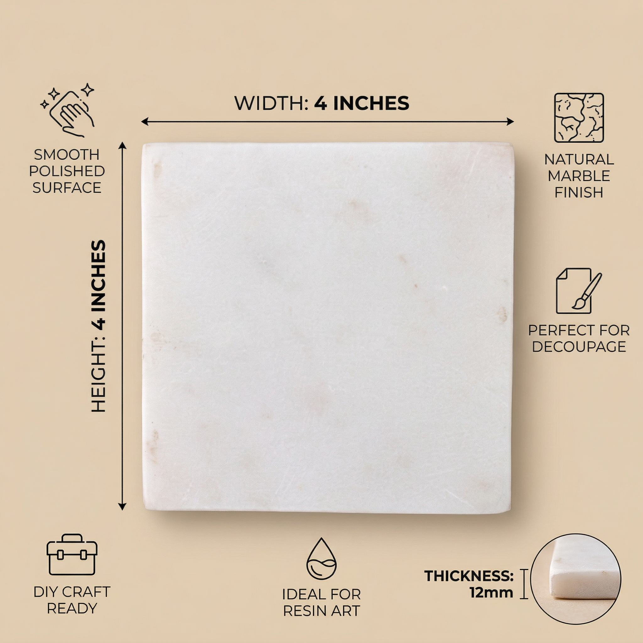 Marble Coaster Square 4Inch X 12mm Thick 1pc