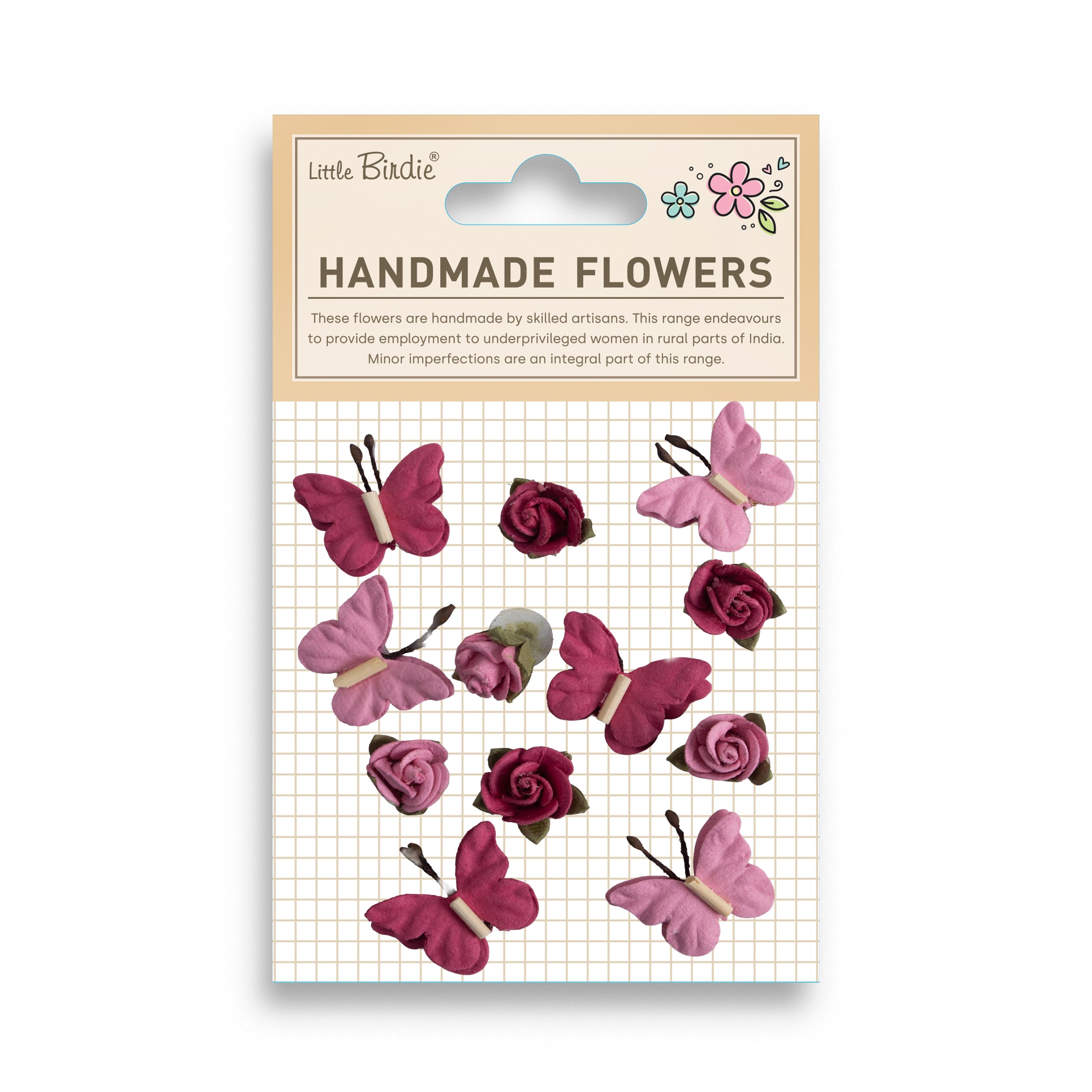 Handmade Flowers Roses & Butterflies Precious Pink 12Pc