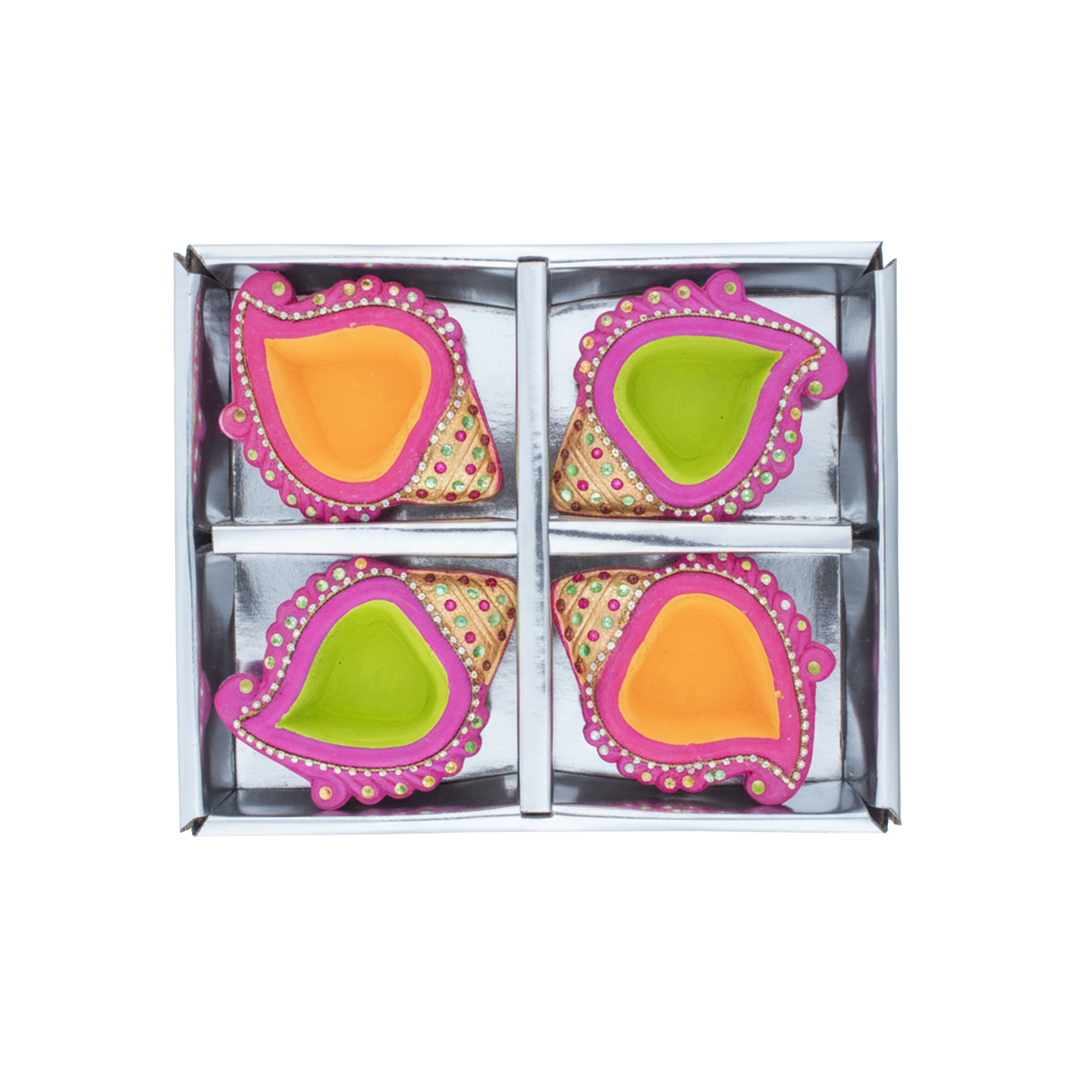 Decorated Terracotta Diya Traditional Shell Green & Yellow 4pc