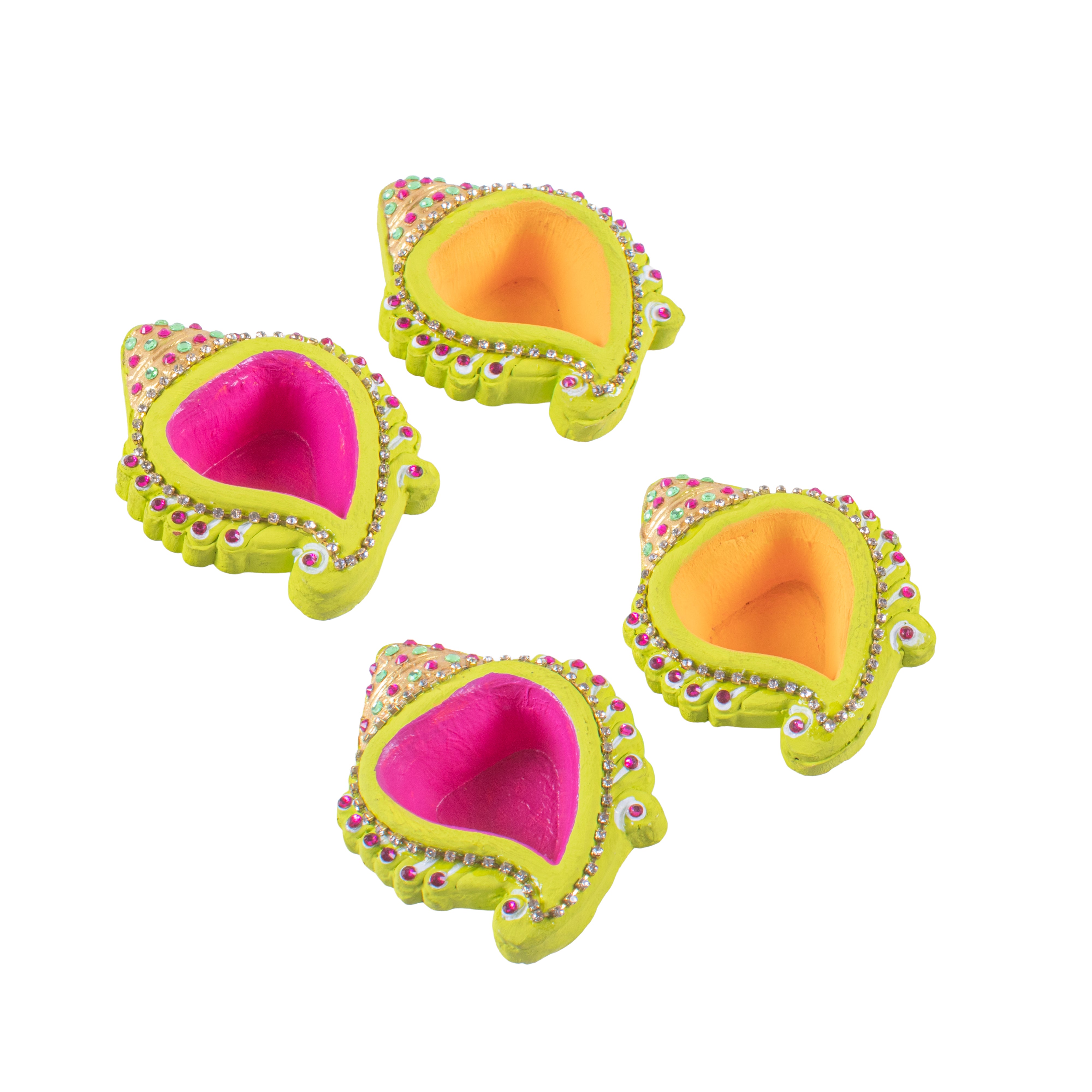 Decorated Terracotta Diya Traditional Shell Pink & Yellow 4pc