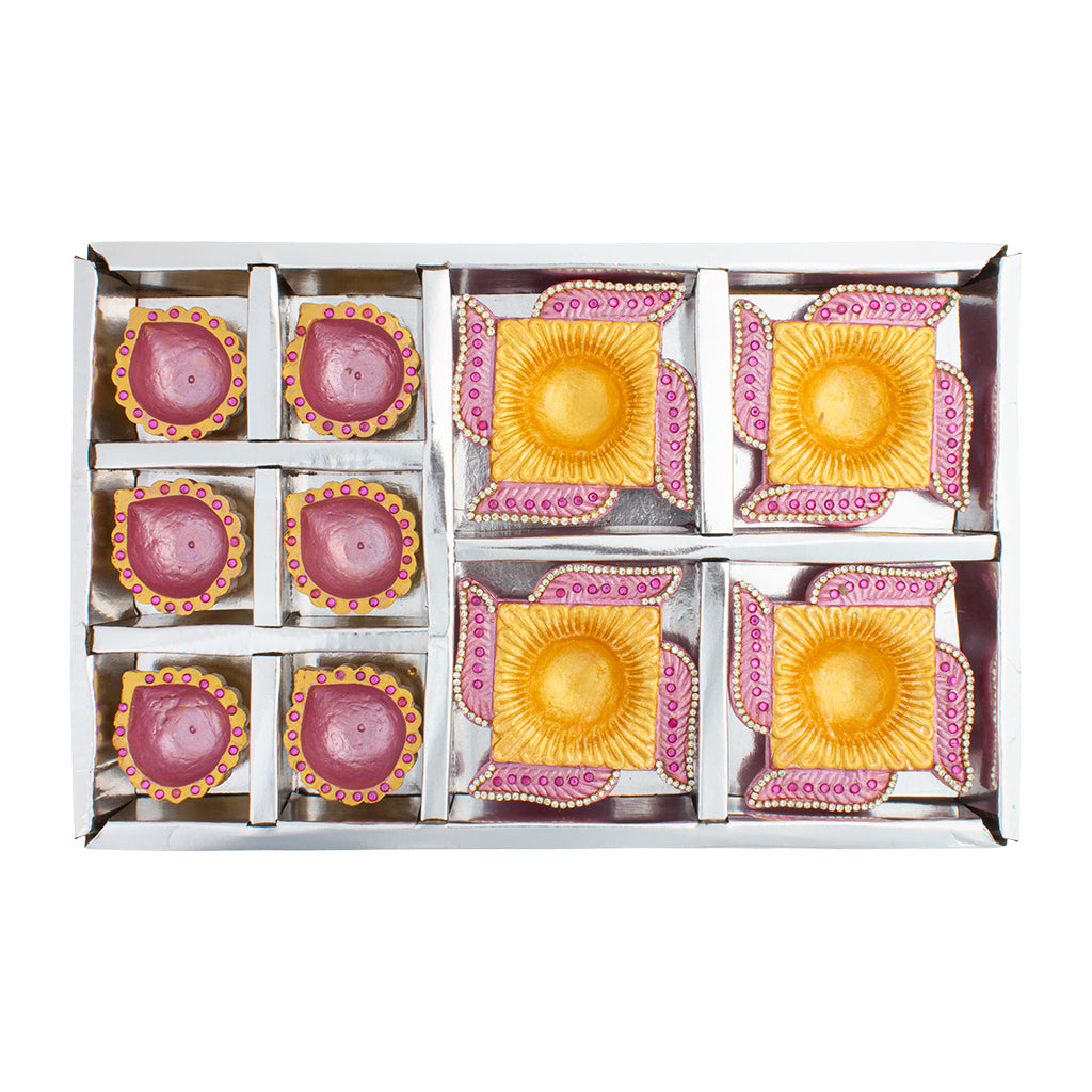 Decorated Terracotta Diya Assorted Shapes Pastel Pink & Blue 10pc