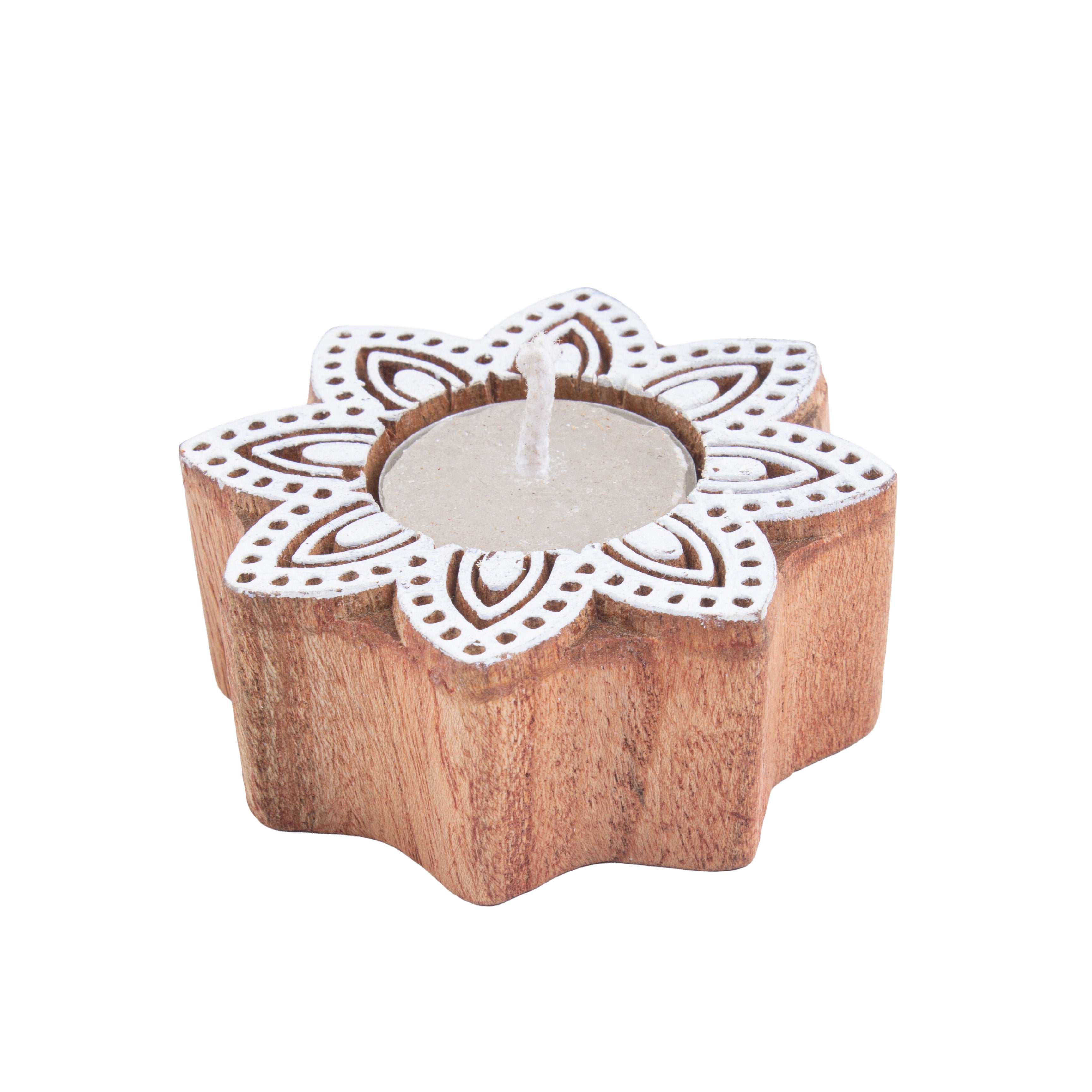 Wooden Printing Block & Tea Light Holder Ethnic Blossom 3inch 1pc