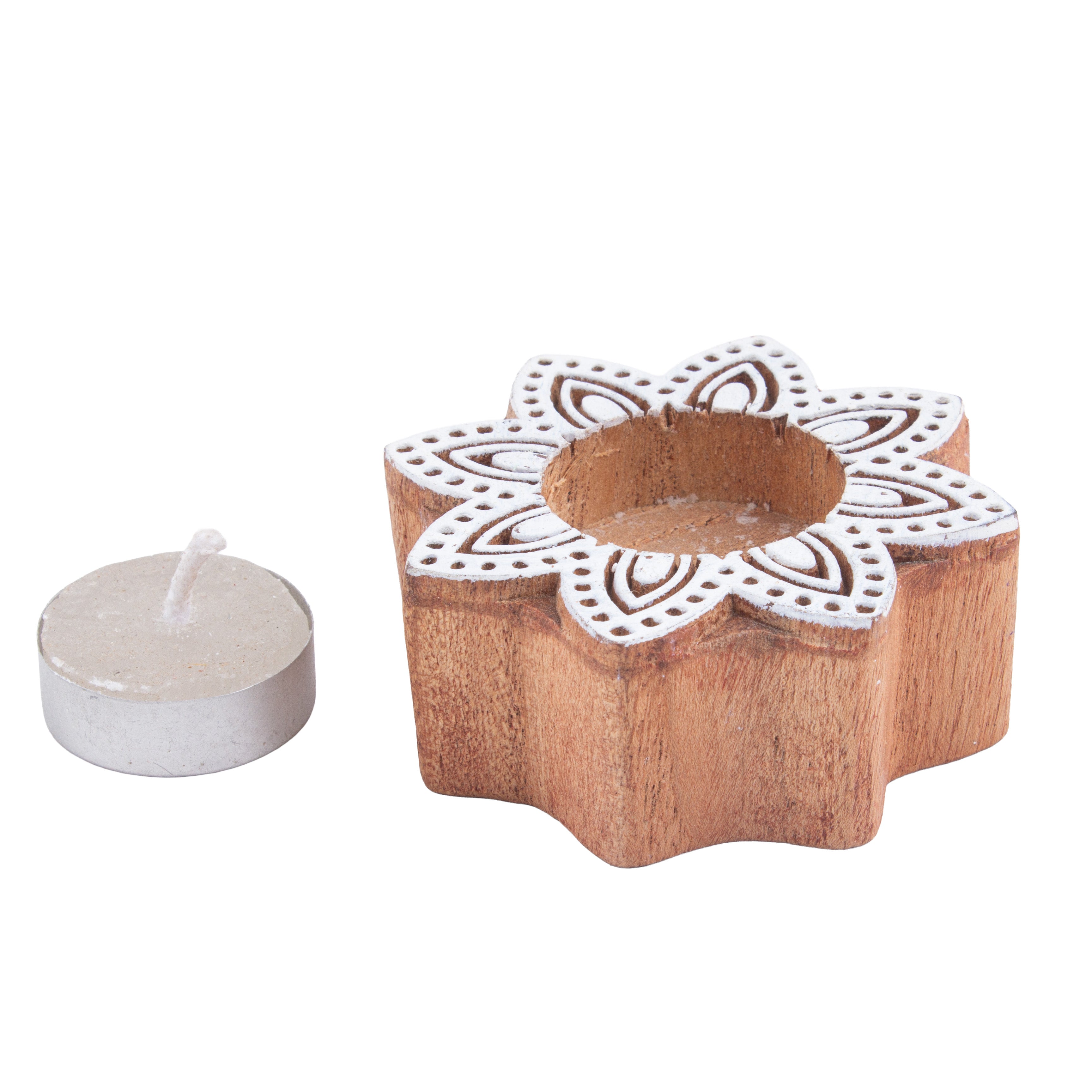 Wooden Printing Block & Tea Light Holder Ethnic Blossom 3inch 1pc