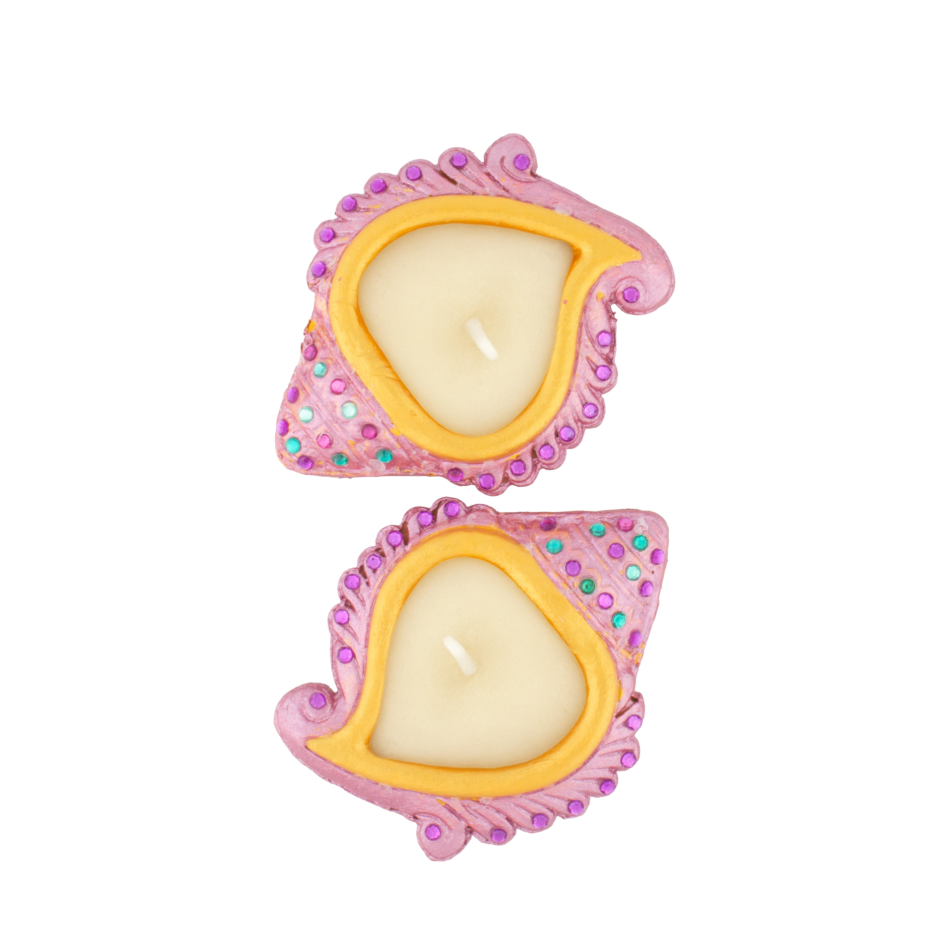 Decorated Terracotta Diya with Wax - Shankh Design, Pink, 2pc
