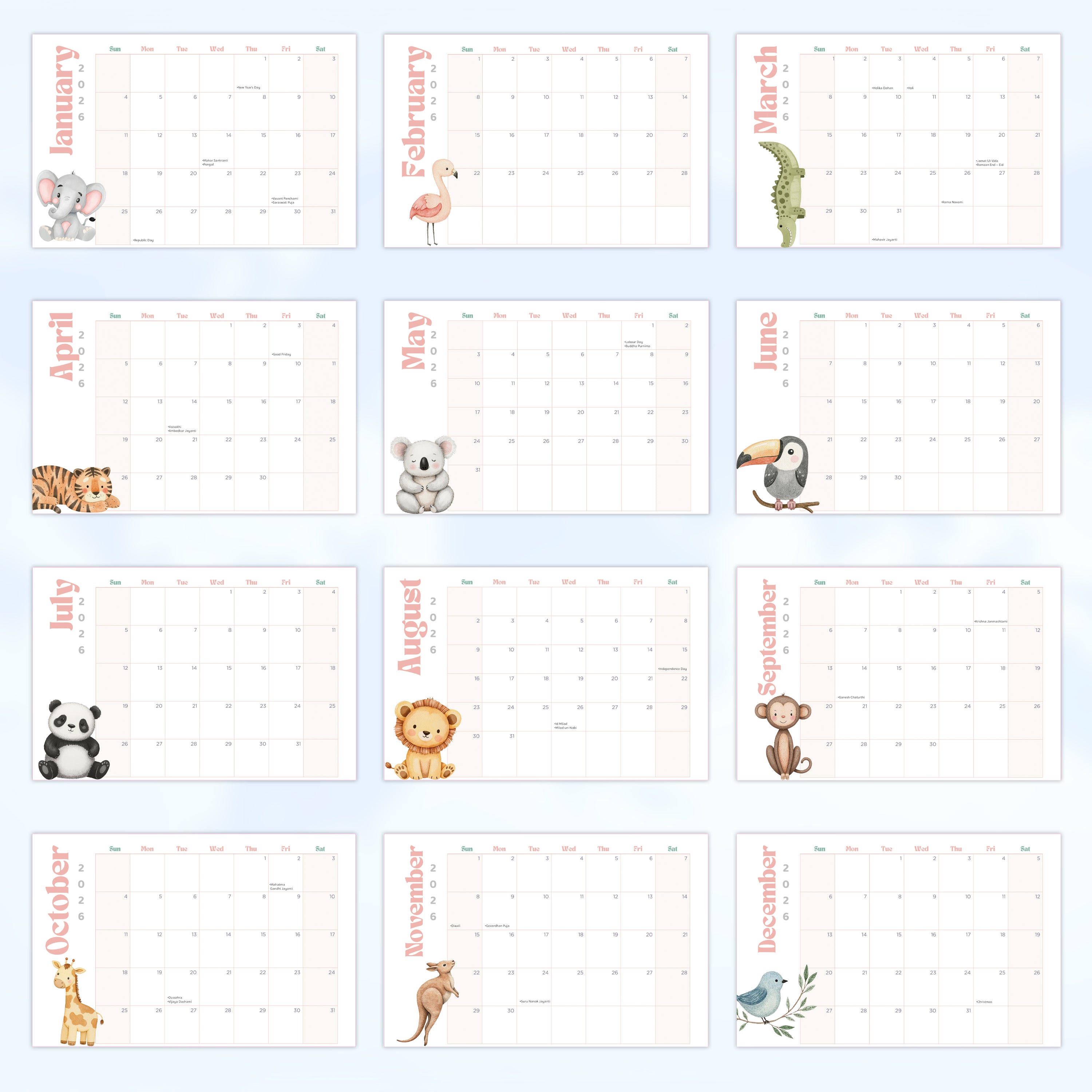 Desk Calendar 2026 Animal Kingdom with 90+ Animal Emoji Stickers 9 X 6inch 13 Sheets
