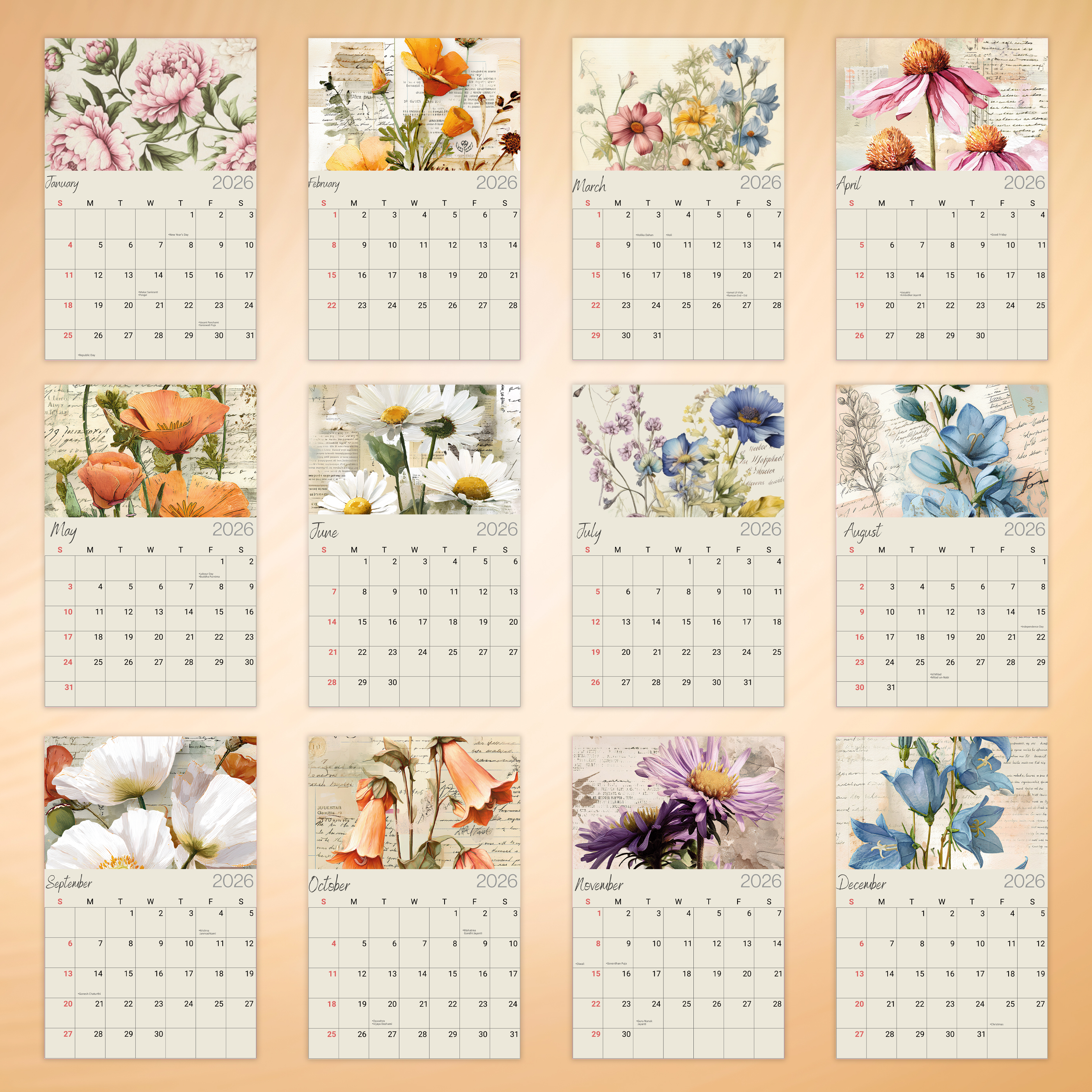 Desk Calendar 2026 Blossom Beauty 6 X 9inch 12 Sheets