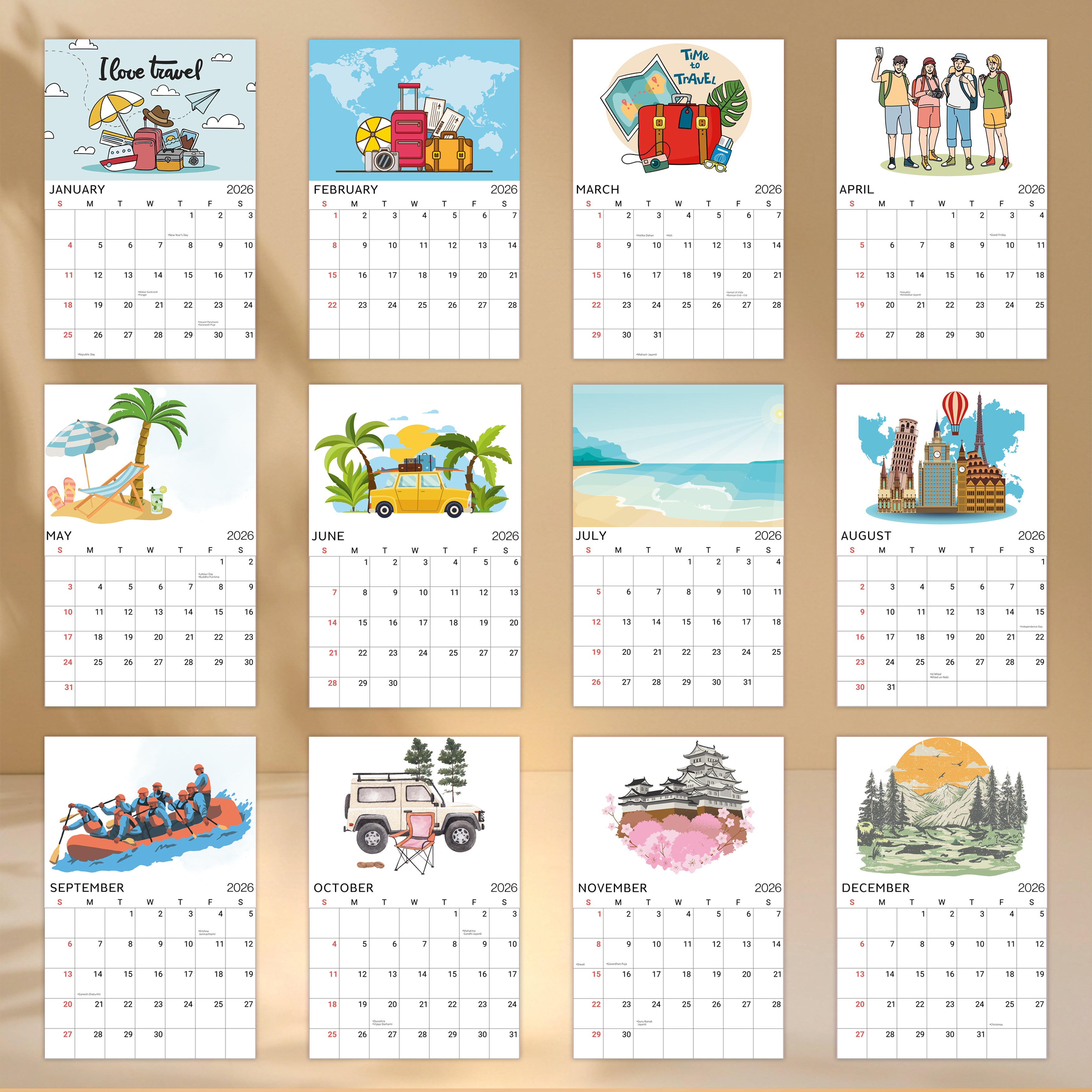 Desk Calendar 2026 Travel Adventure with 80+ Travel Emoji Stickers 6 X 9inch 13 Sheets