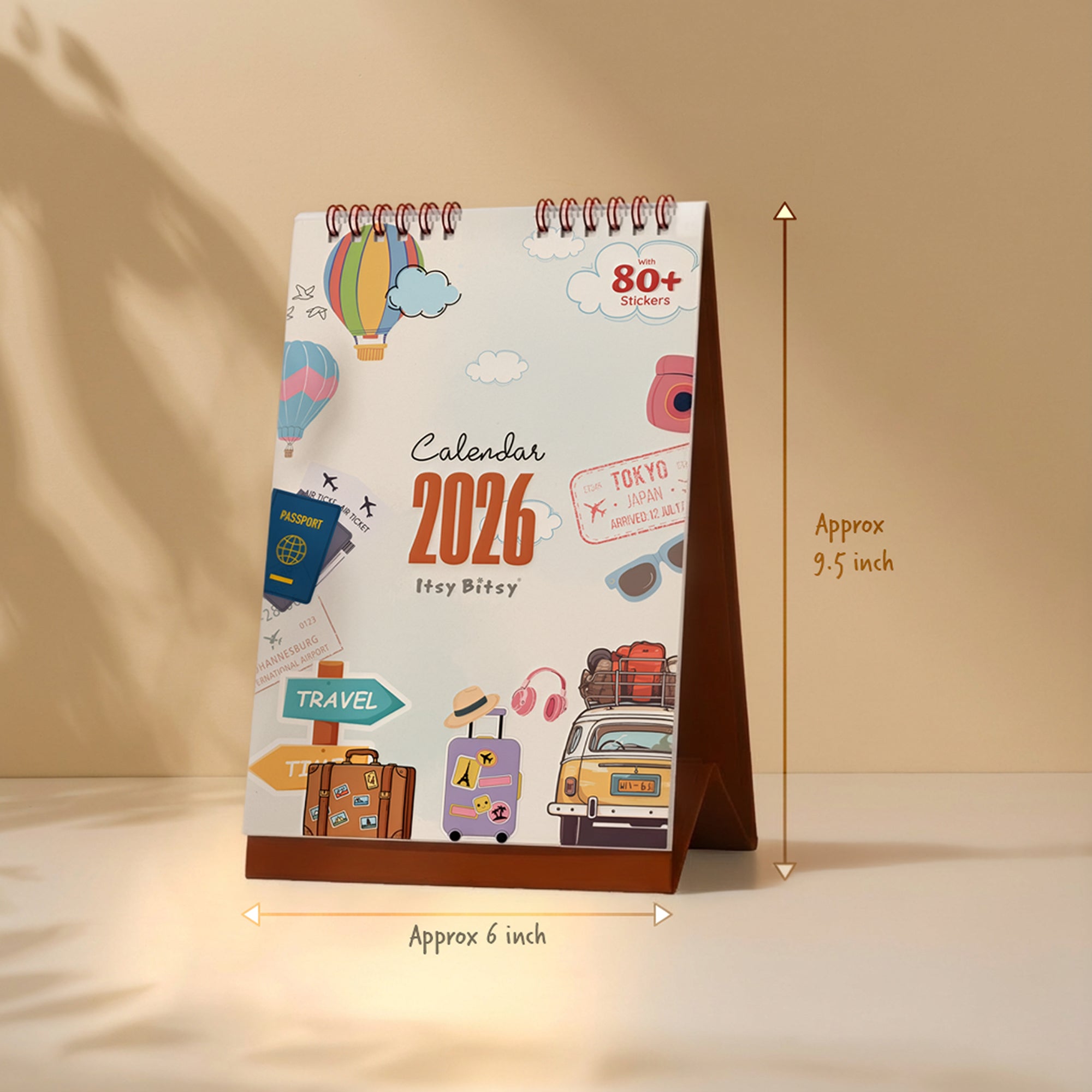 Desk Calendar 2026 Travel Adventure with 80+ Travel Emoji Stickers 6 X 9inch 13 Sheets