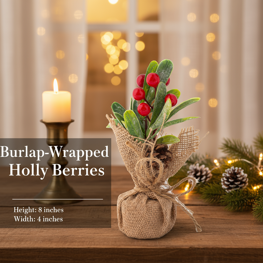 Christmas Table Decoration Faux Holly Berries With Burlap Base 1pc