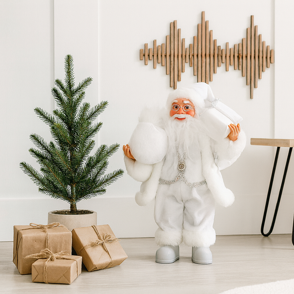 Christmas Figurine Doll Santa Claus with Gift Box Silver 17inch 1pc