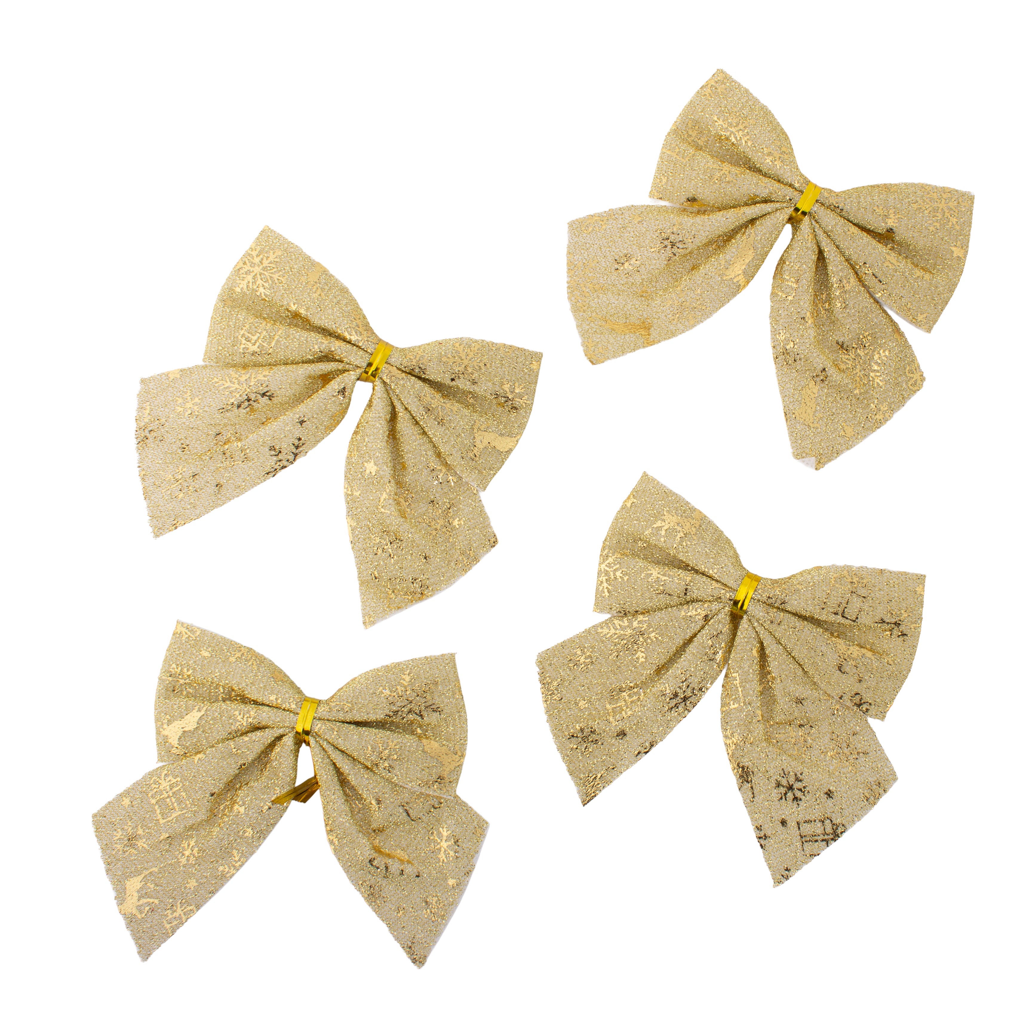 Christmas Decorative Printed Metallic Bow Gold 4pc 3.5inch X 3.5inch 1Pack