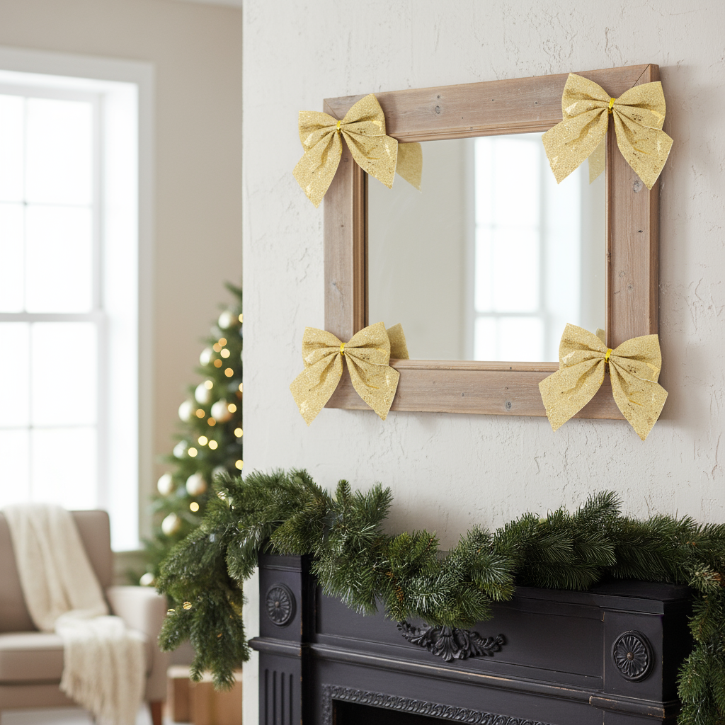 Christmas Decorative Printed Metallic Bow Gold 4pc 3.5inch X 3.5inch 1Pack