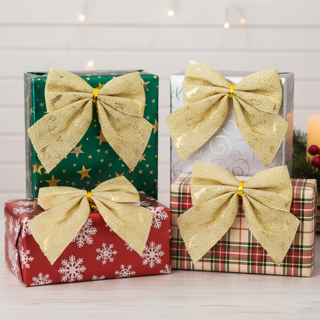 Christmas Decorative Printed Metallic Bow Gold 4pc 3.5inch X 3.5inch 1Pack