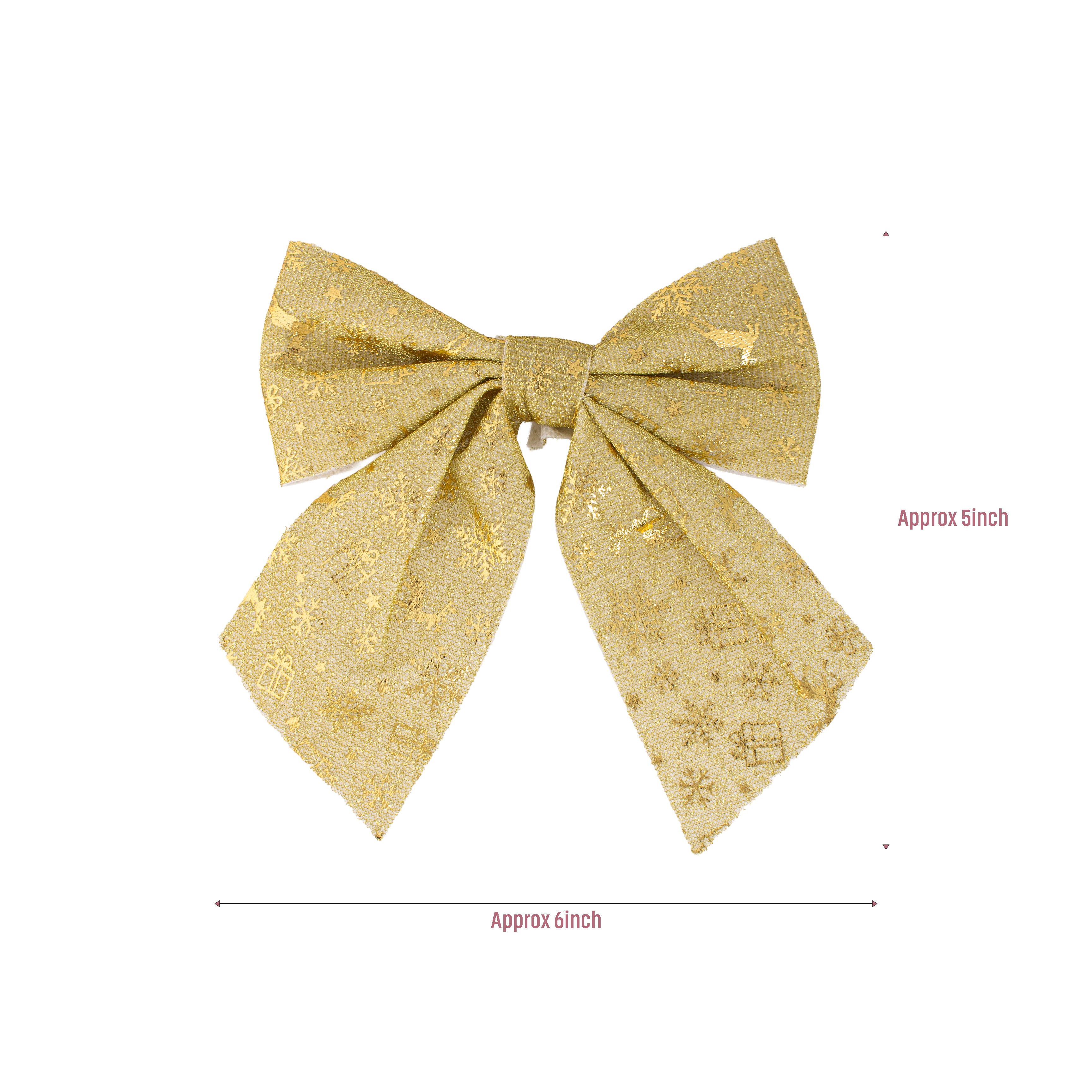 Christmas Decorative Printed Metallic Bow Gold 2pc 5inch X 6inch 1Pack