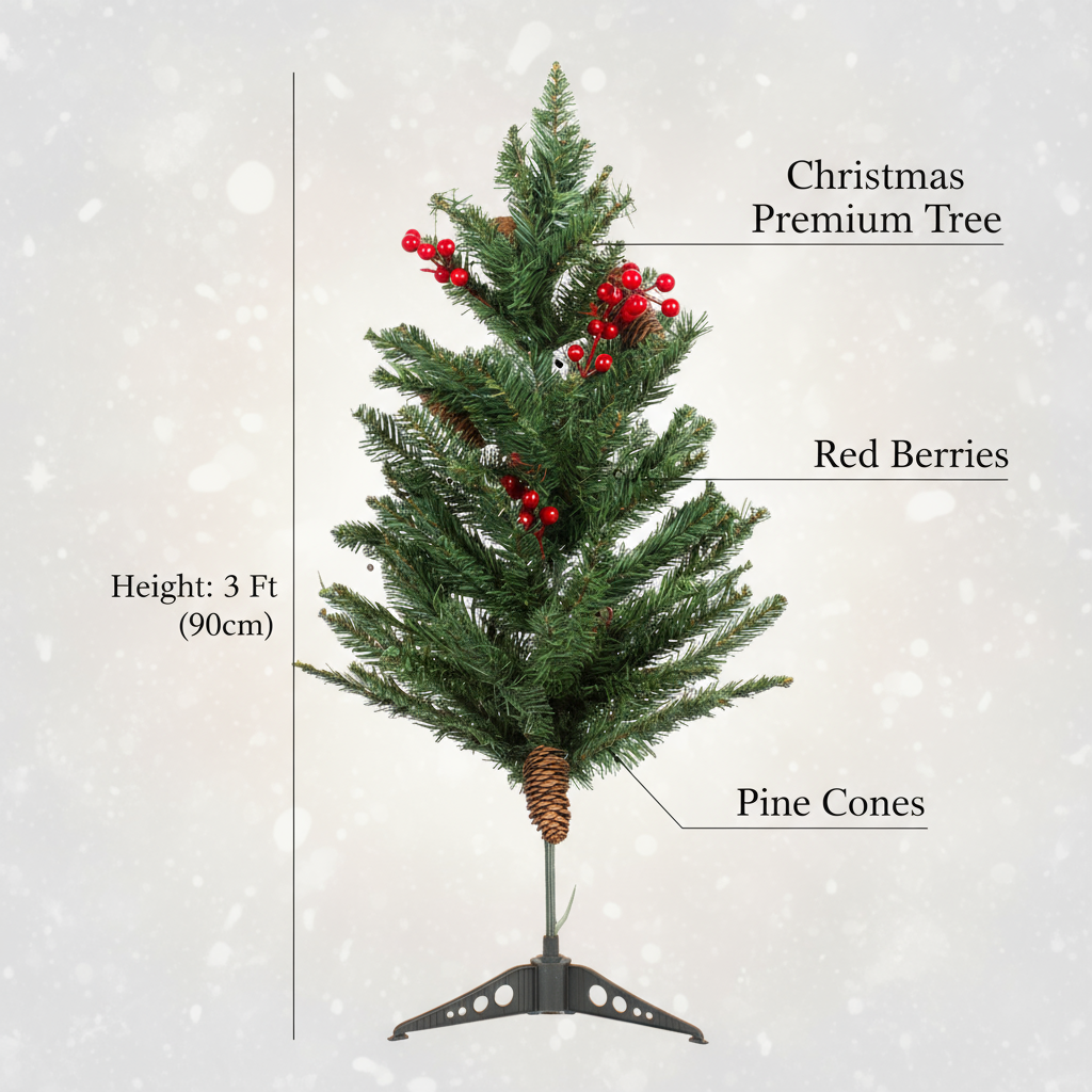 Premium Christmas Tree with Pine Cones & Red Berries 3ft (90cm) 1pc Box