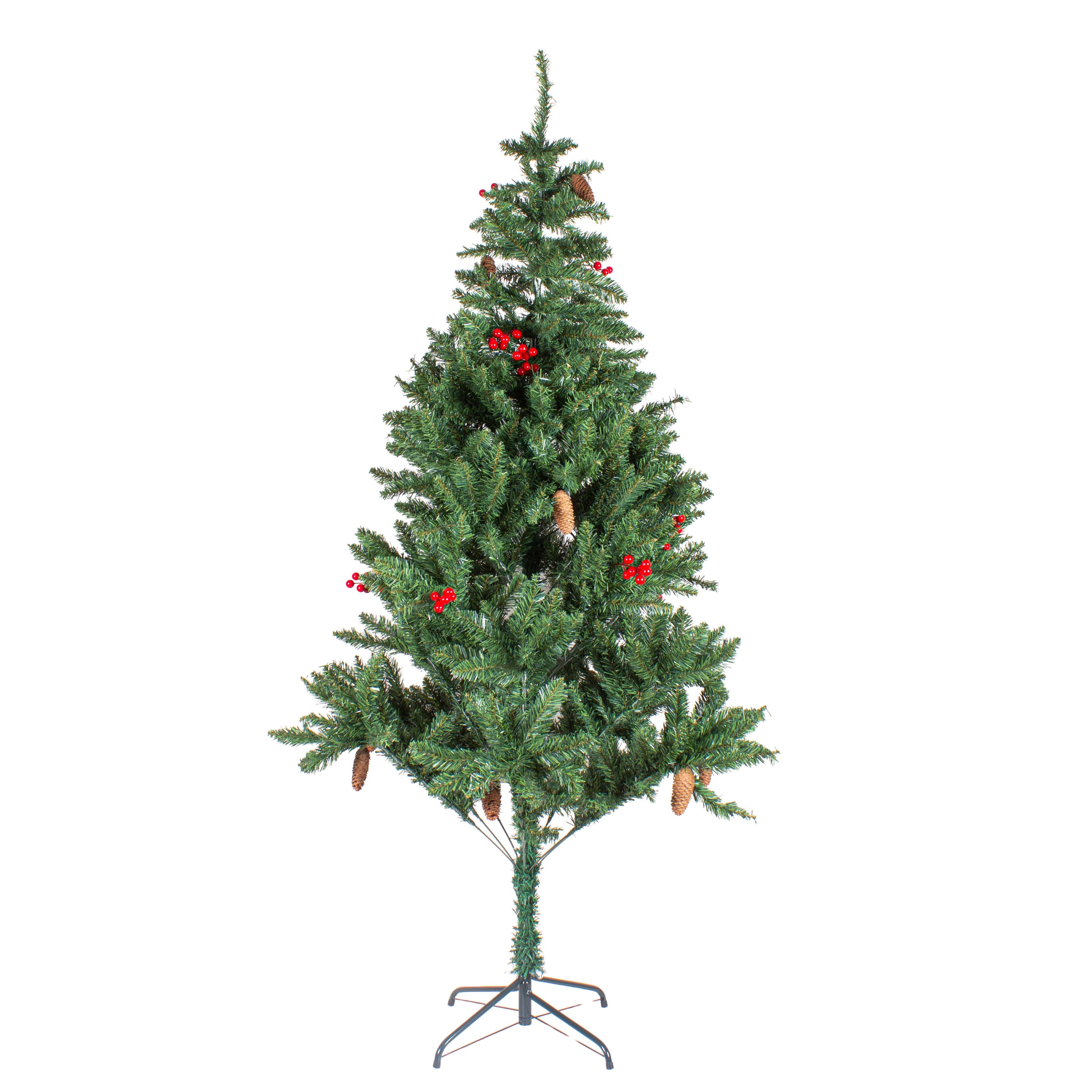 4 Feet - Christmas Premium Tree with Metal Stand Pine Cones & Red Berries 1pc + (Ornaments Combo)