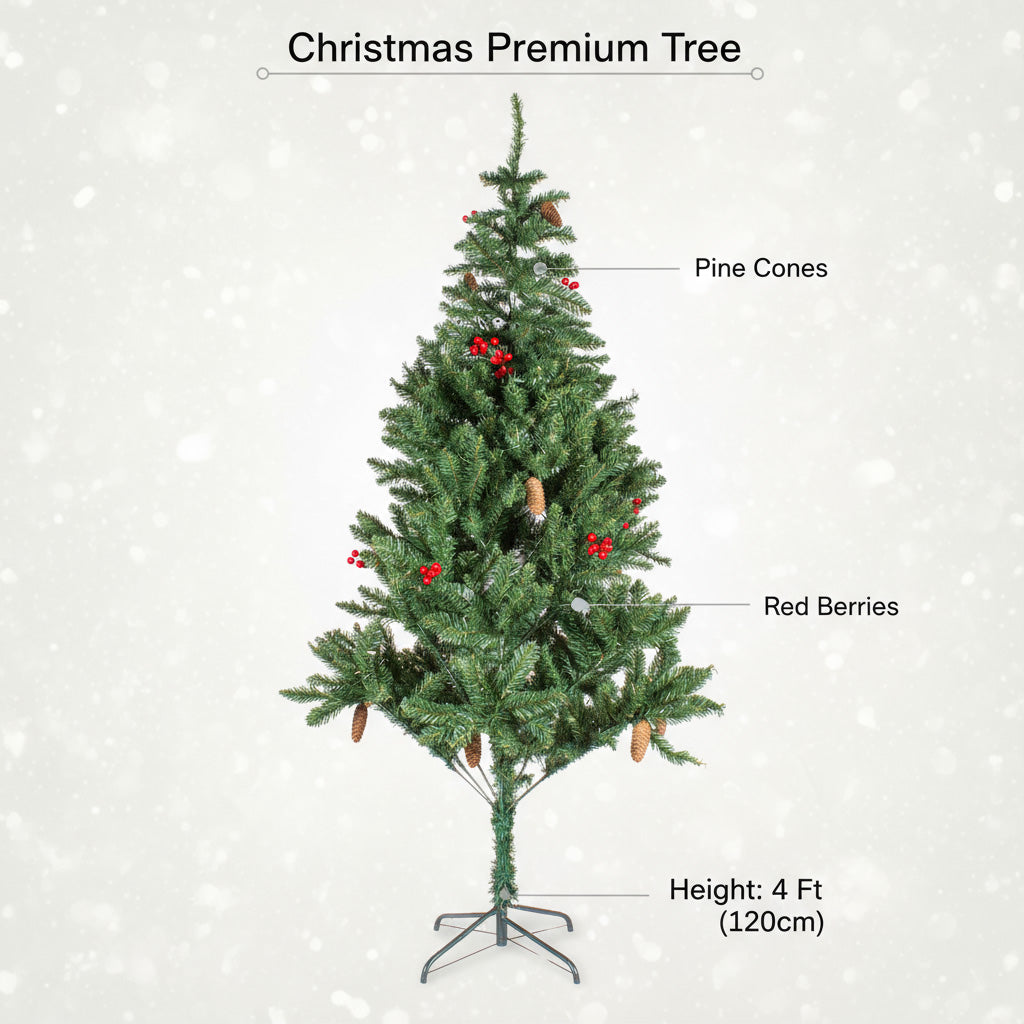 Christmas Premium Tree with Metal Stand Pine Cones & Red Berries 4 Ft (120cm) 1pc Box