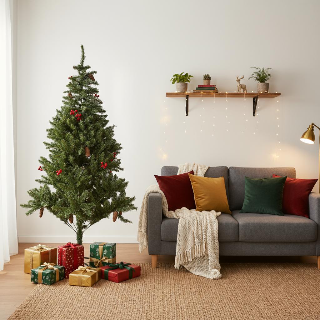 5 Feet - Christmas Premium Tree with Metal Stand Pine Cones & Red Berries 1pc Box + (Ornaments Combo)