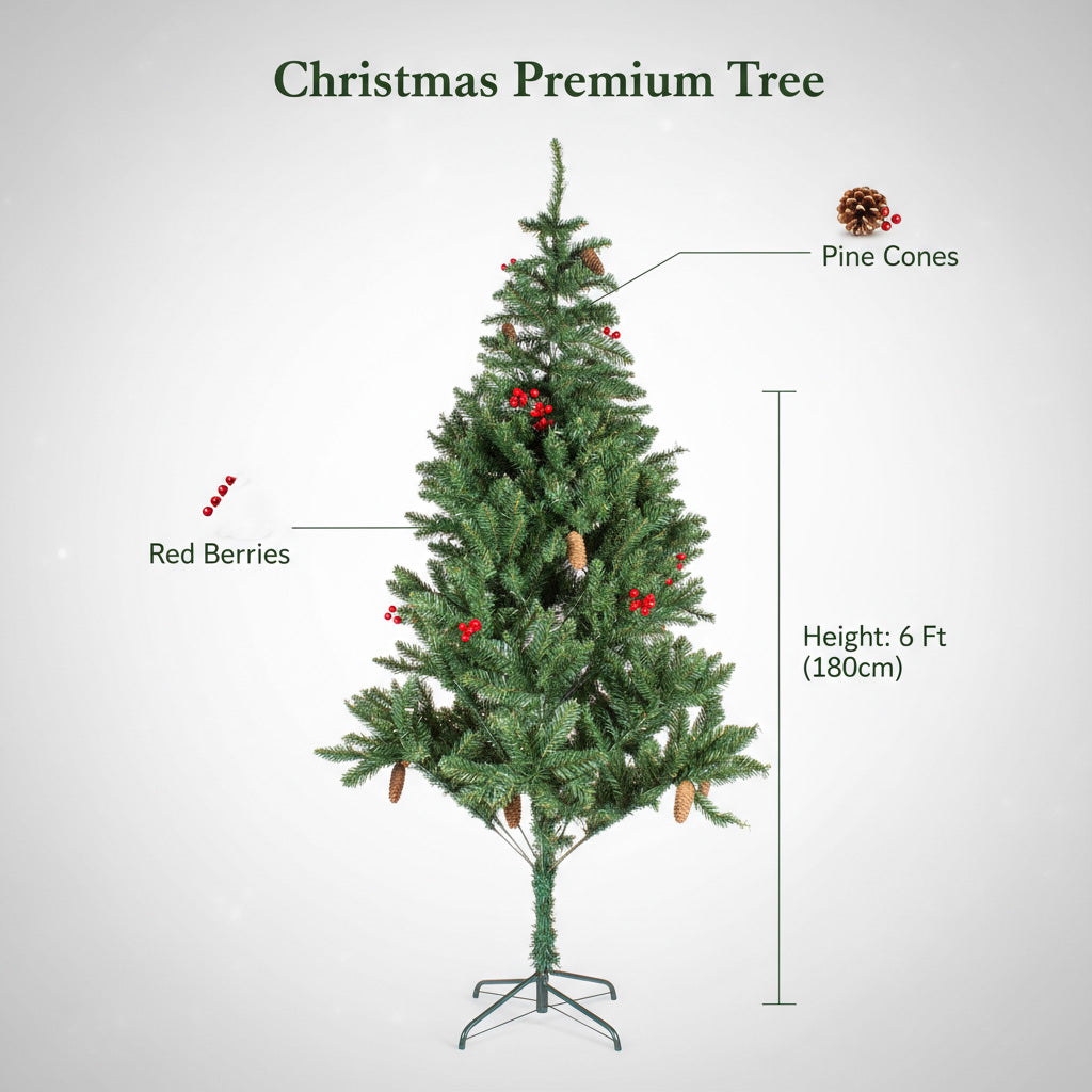 6 Feet - Christmas Premium Tree with Metal Stand Pine Cones & Red Berries (180cm) 1pc + (Ornaments Combo)