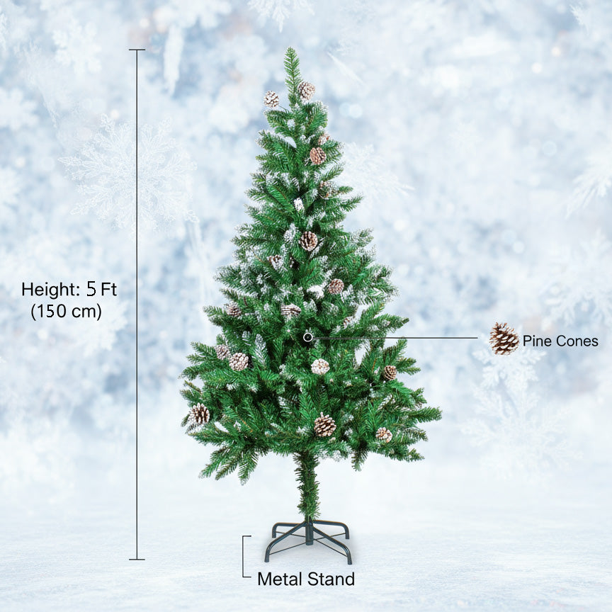 5 Feet - Frosted Christmas Tree with Metal Stand & Pine Cones (150cm) 1pc + (Ornaments Combo)