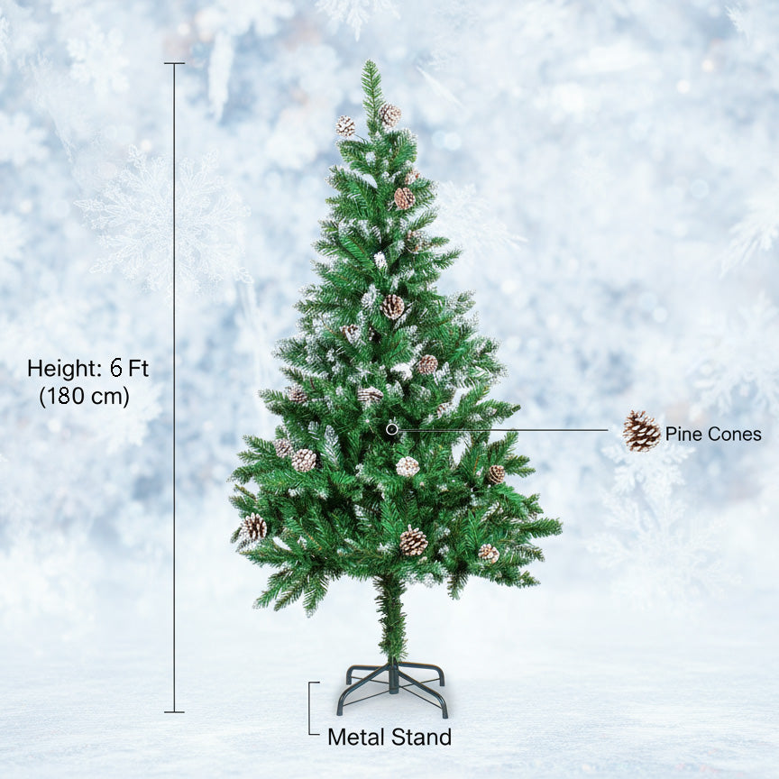 Frosted Christmas Tree with Metal Stand & Pine Cones 6 Ft (180cm) 1pc Box